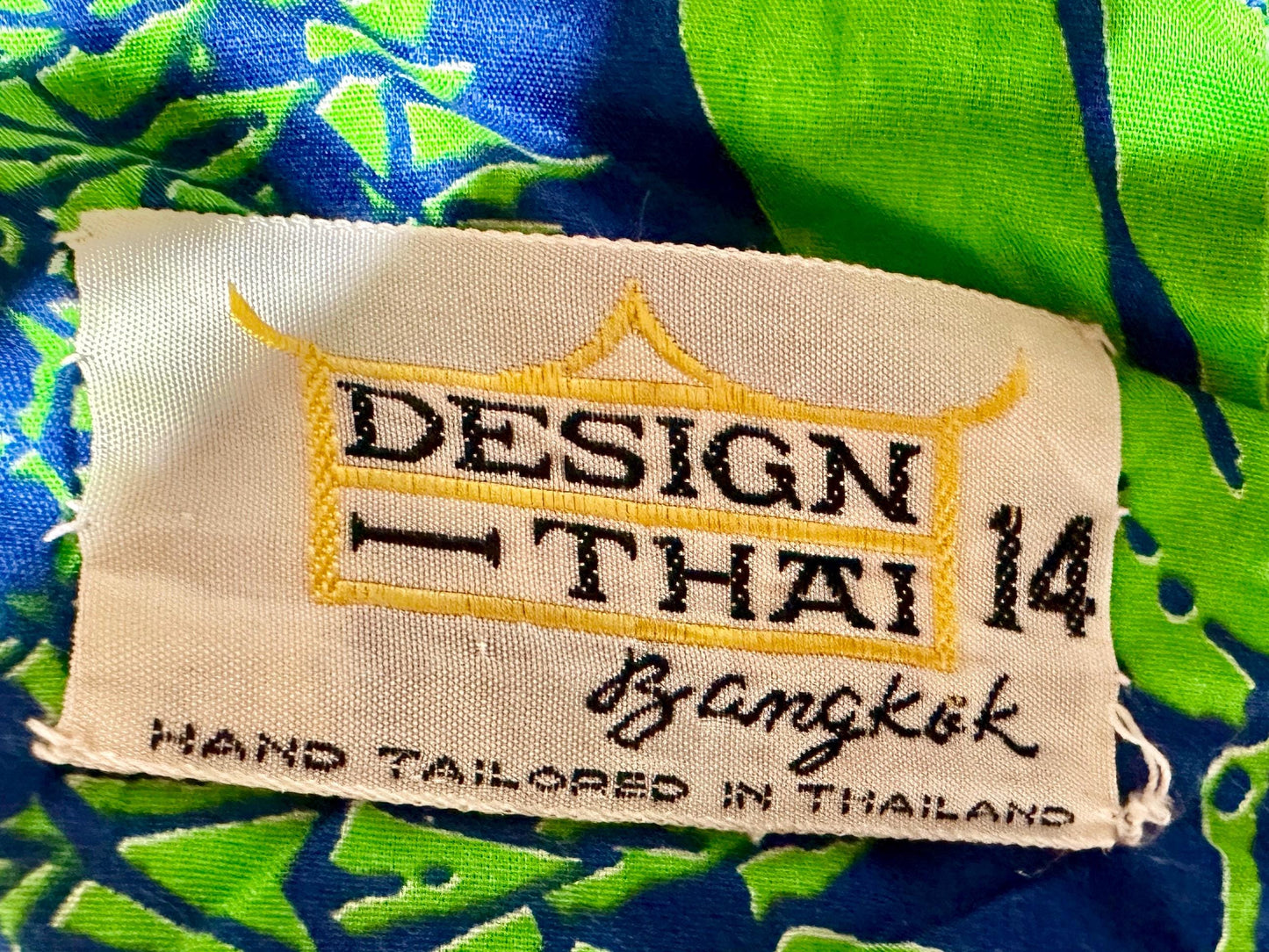 DESIGN THAI BANGKOK, vintage 1960s maxi party dress, Kelly Green and blue floral cotton dress