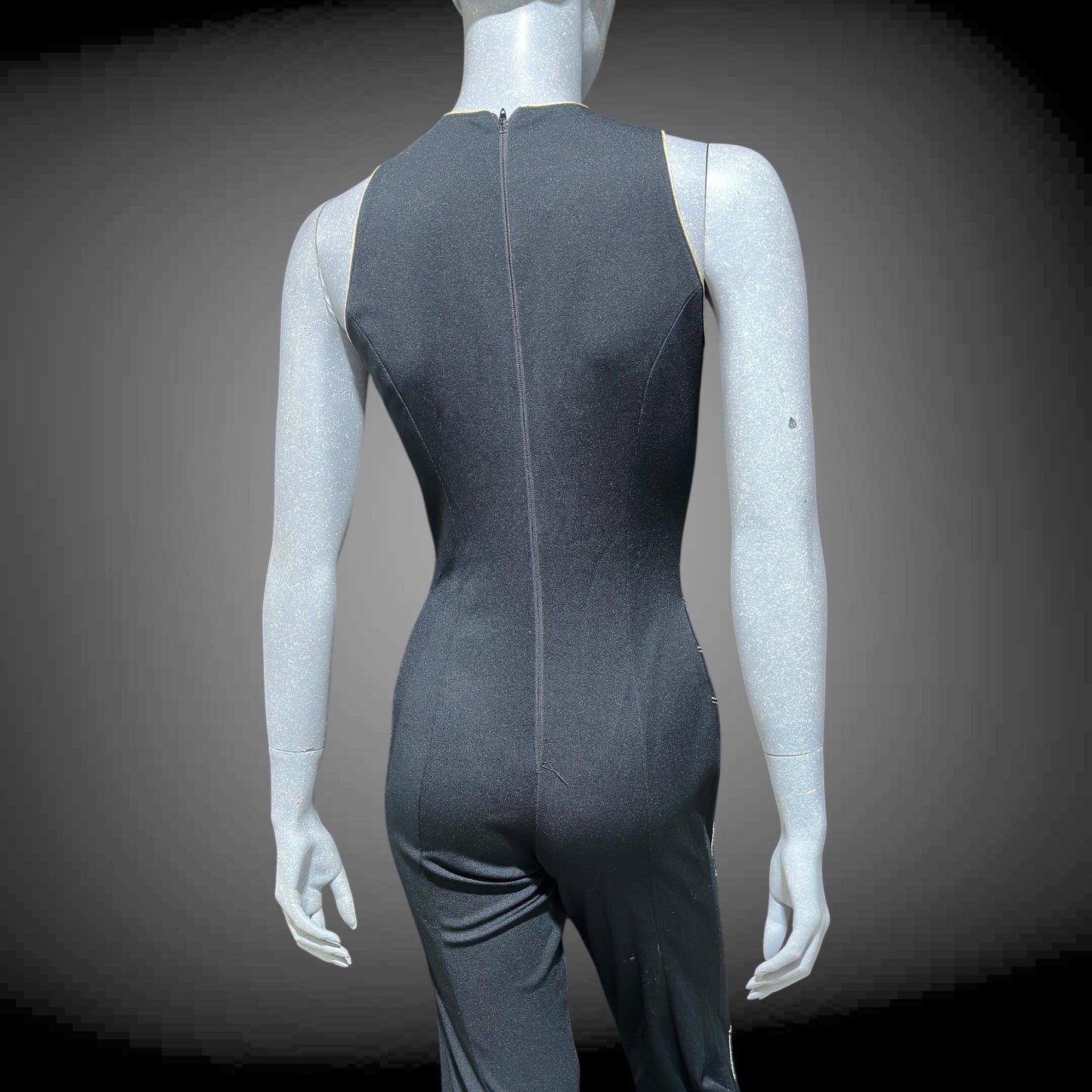 ESTIVO vintage 1970s bell bottom jumpsuit, black poly knit disco jumpsuit, embroidery & rhinestones