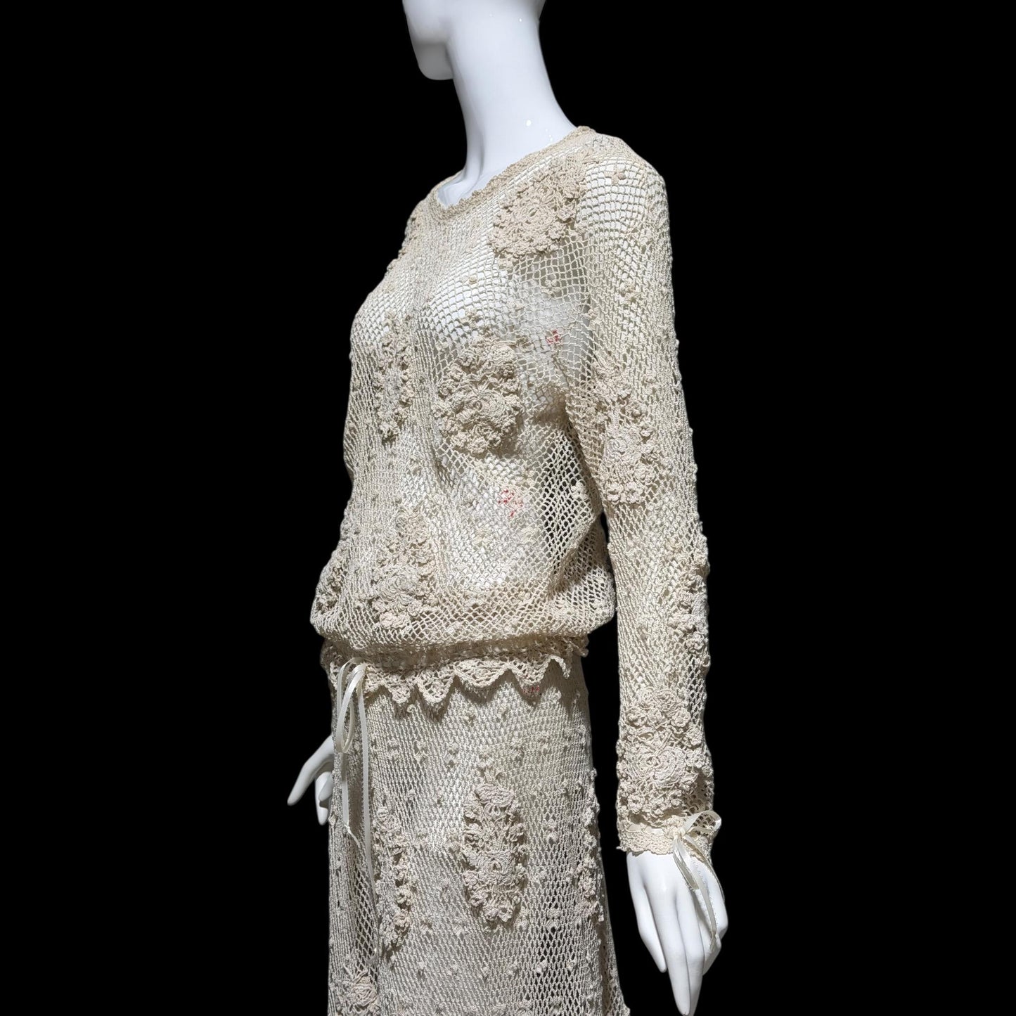1970s vintage crochet dress, 2 pieces, Cotton blouson top & maxi skirt