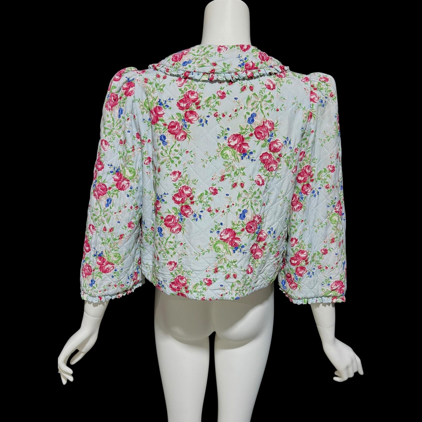 1930s vintage quilted bed jacket, blue satin with rose print short night robe