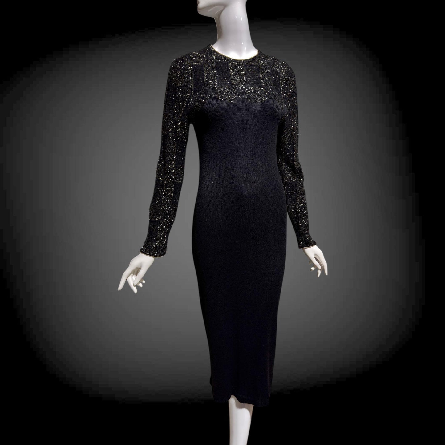 MARY MCFADDEN vintage 1970s knit cocktail dress, Black Gold Long Sleeve Office Party dress