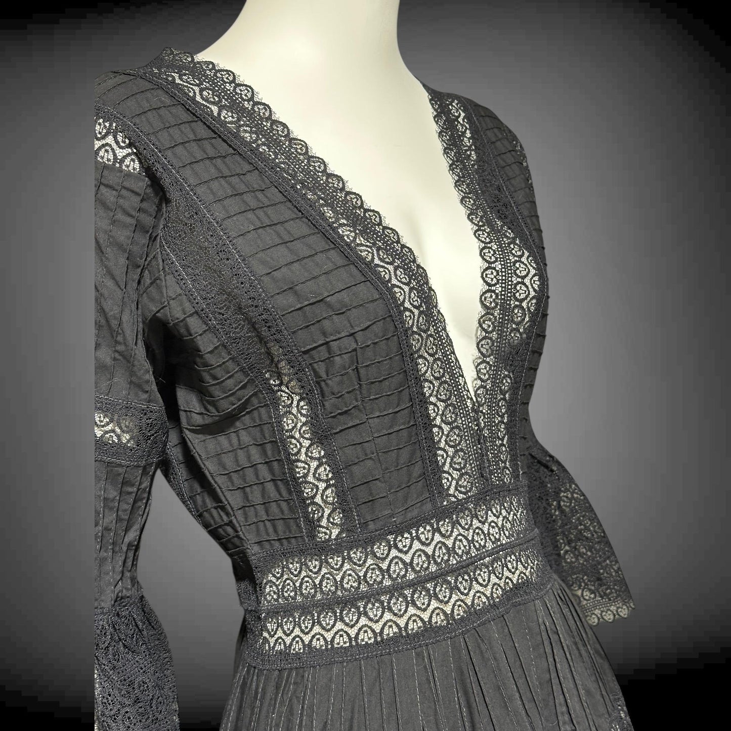 1970s vintage Mexican Wedding dress, Black cotton blend Deep V ball gown, long bell Sleeves, Maxi Hippie Bohemian gown