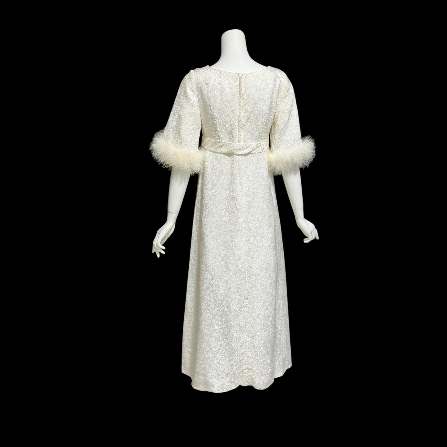 1960s vintage wedding dress gown, shimmering pearly white damask & marabou feathers bridal evening dress
