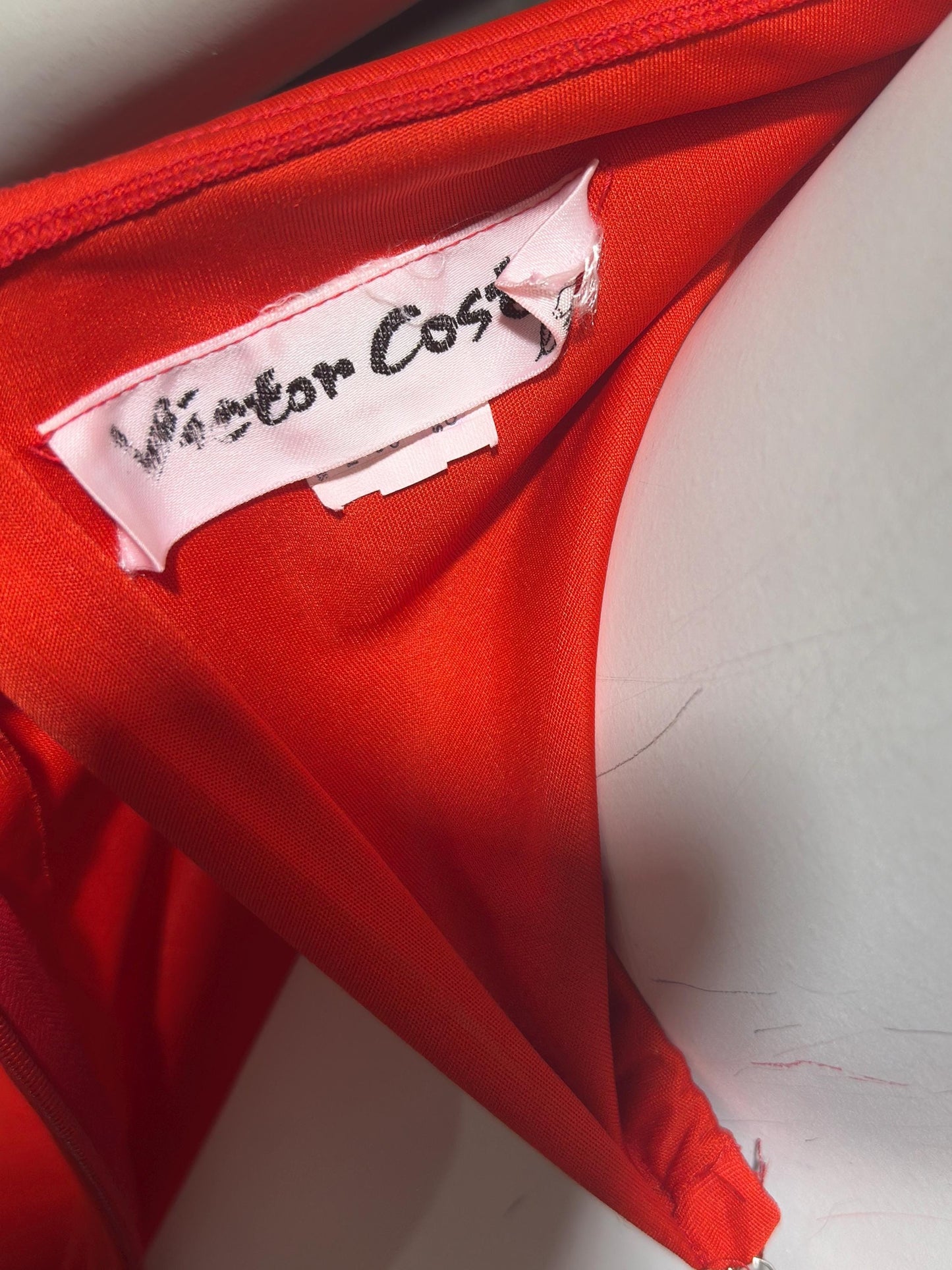 VICTOR COSTA vintage 1970s evening dress, vibrant red jersey knit goddess gown