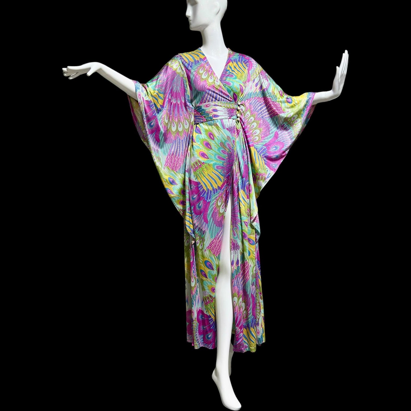 FREDERICK'S of HOLLYWOOD vintage 1970s caftan dress, psychedelic nylon Op Art kaftan House Dress