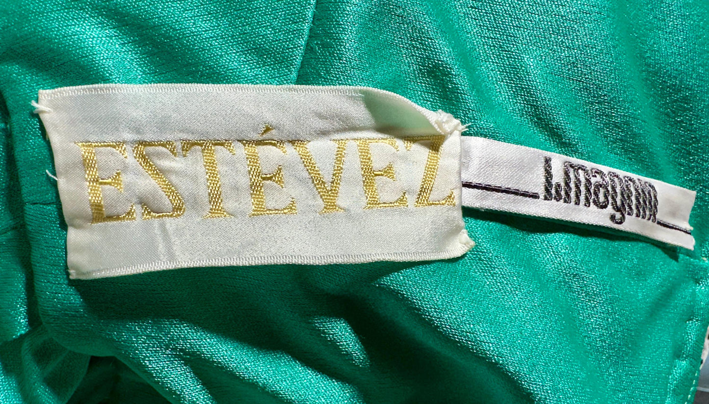 ESTEVEZ evening dress, vintage 1970s teal green jersey knit gown, Studio 54 cocktail disco party dress