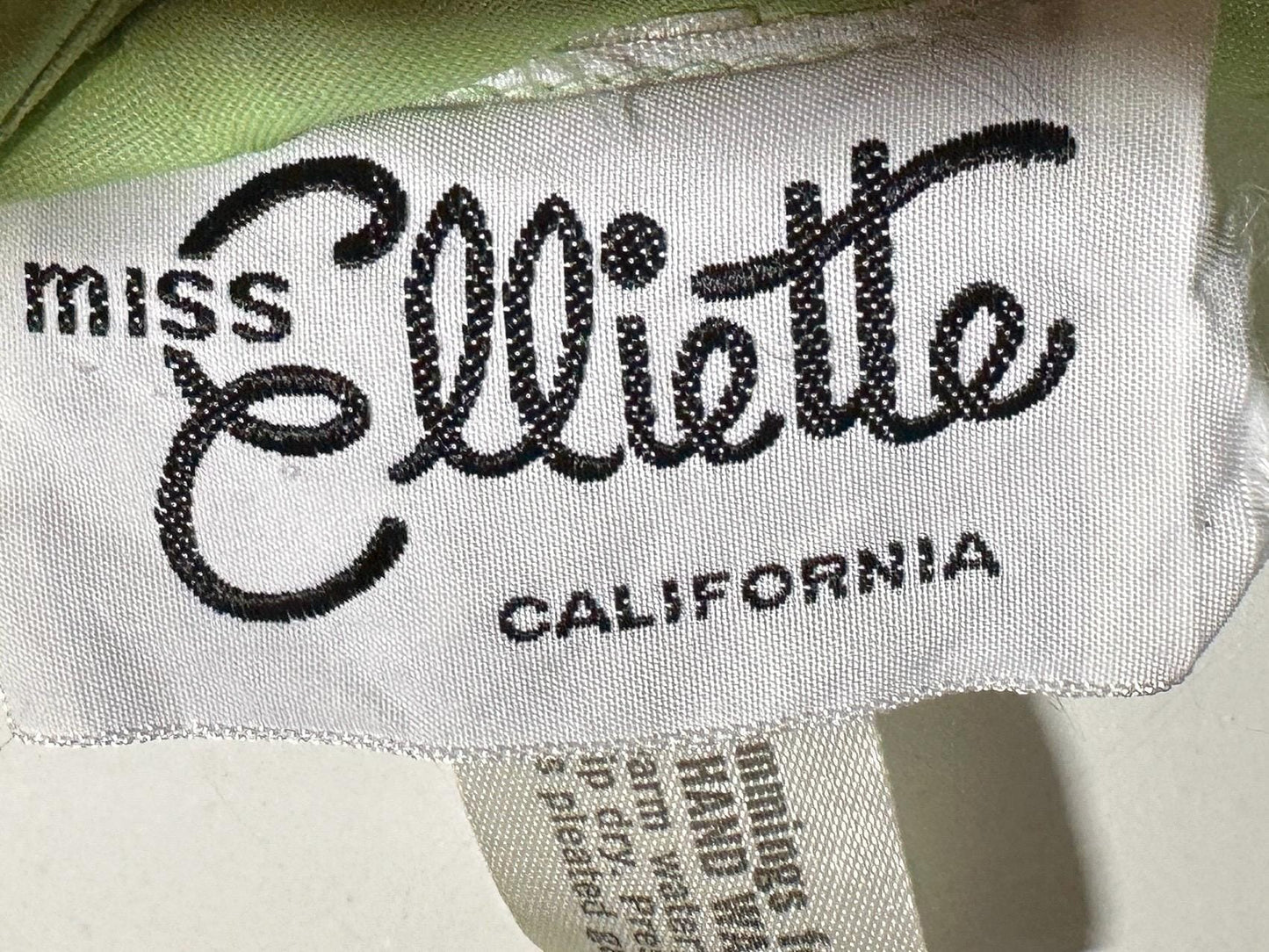 MISS ELLIETTE, vintage 1970s evening dress gown, minty pistachio green poly chiffon dress