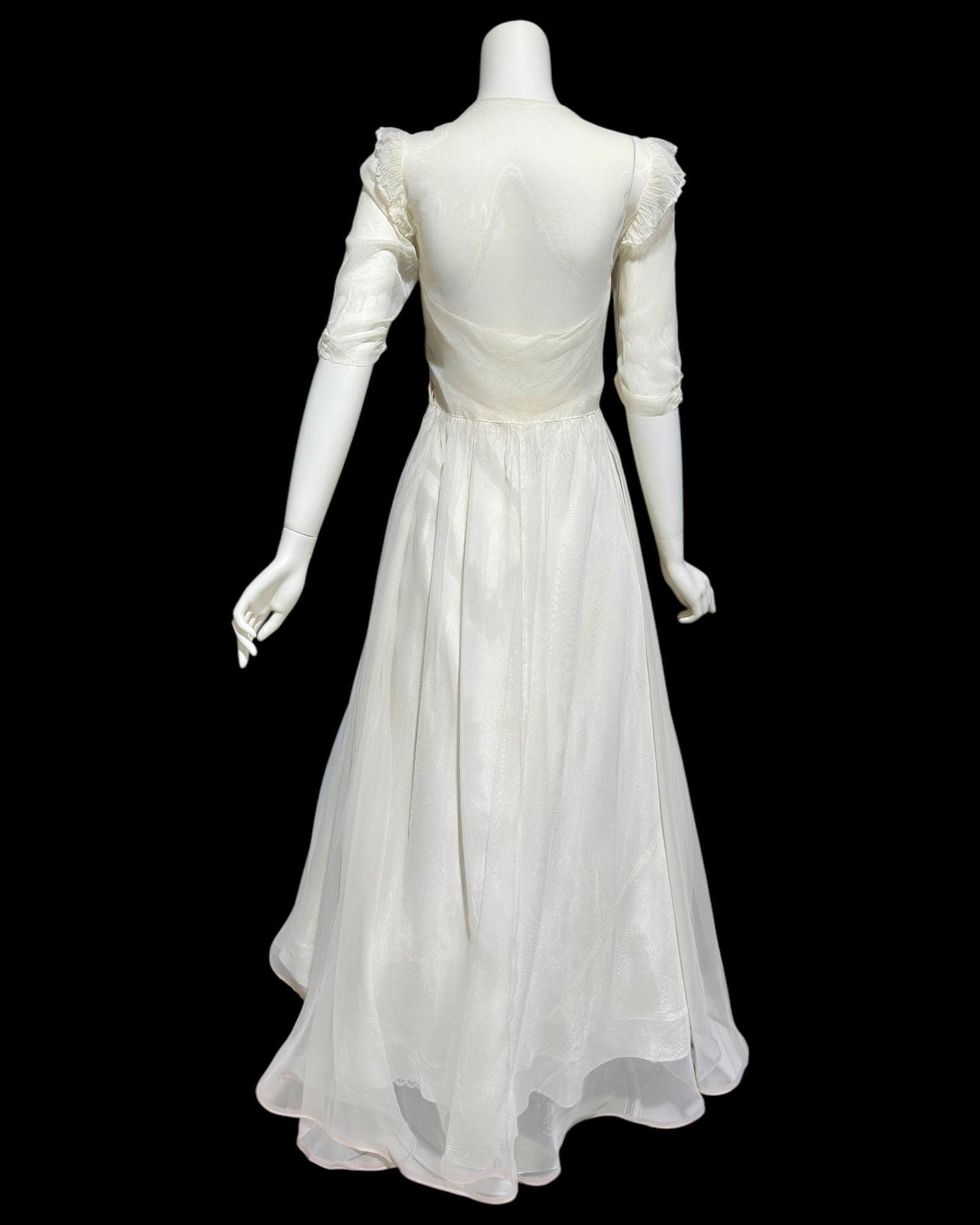 1940s vintage evening dress, White mesh ruffle wedding prom dress with full skirt