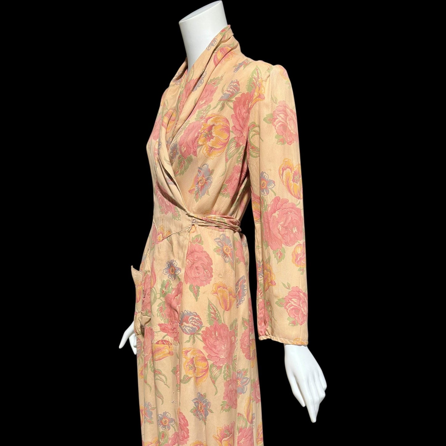 1930s vintage silk chintz floral robe, Dusty pink wrap front long house coat, Rehabilitated Wounded Bird