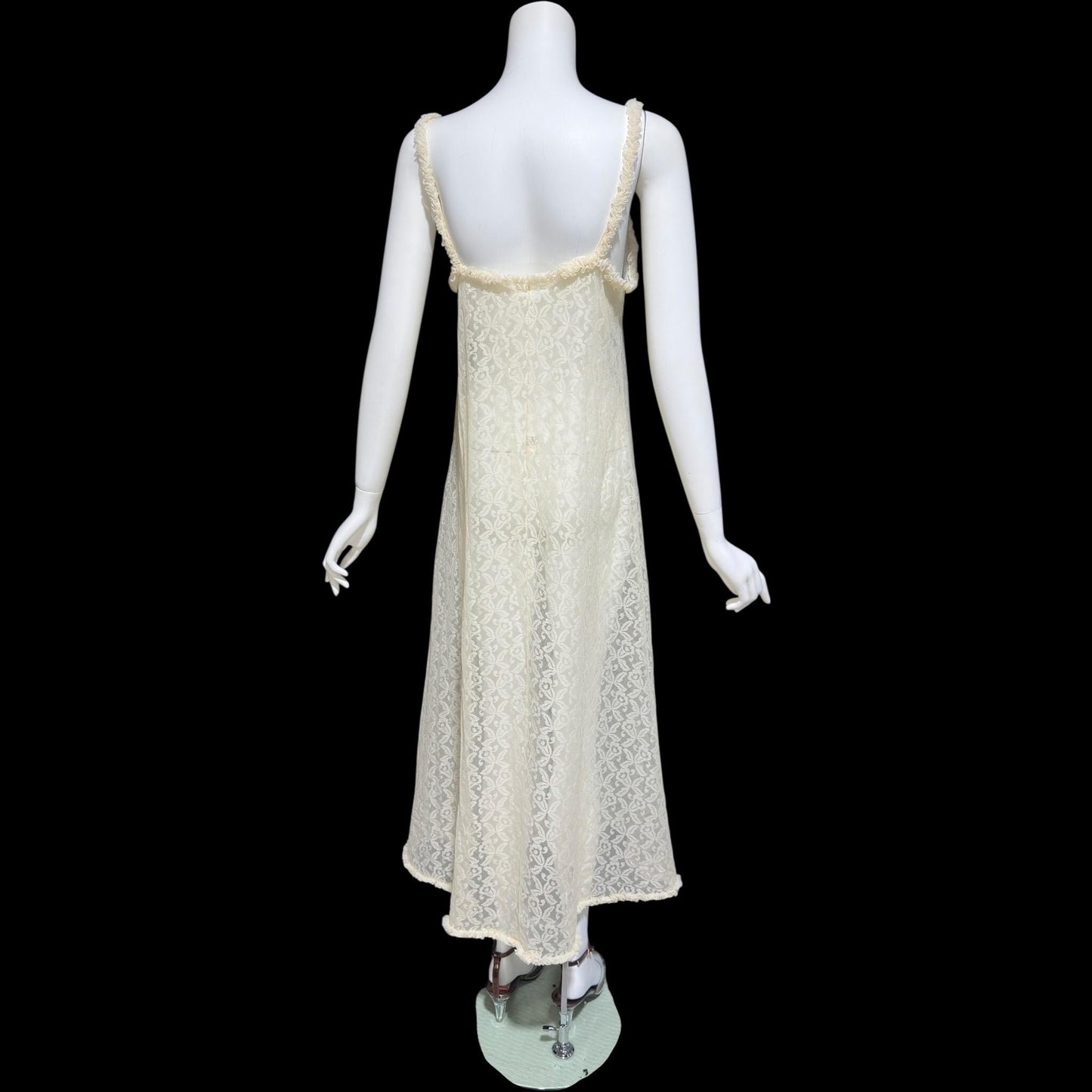 1950s vintage nightgown slip dress, ethereal sheer creamy lace night dress with ruffles