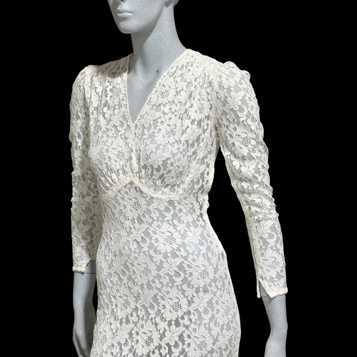 1940s vintage wedding bridal dress, white see through lace sheath full length gown