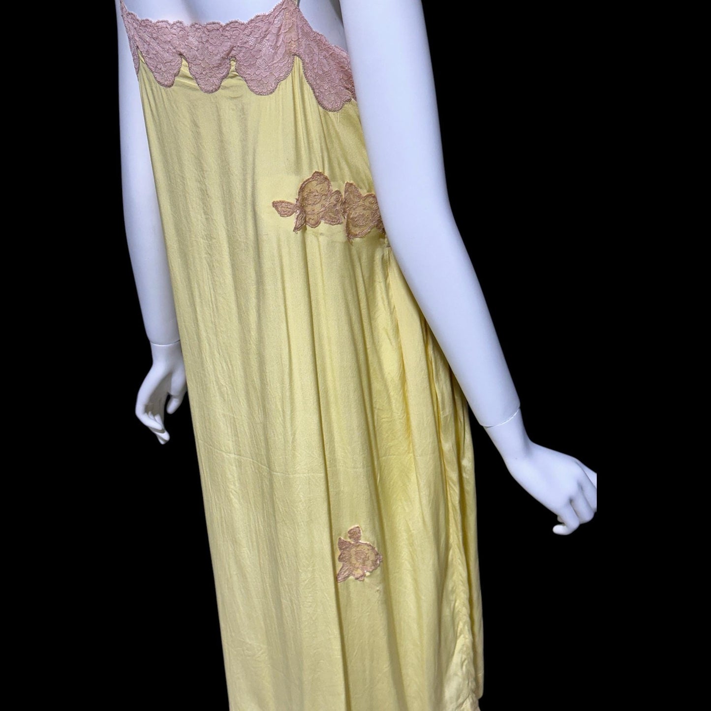 1920s vintage nightgown slip dress, canary yellow silk and pink lace shift dress