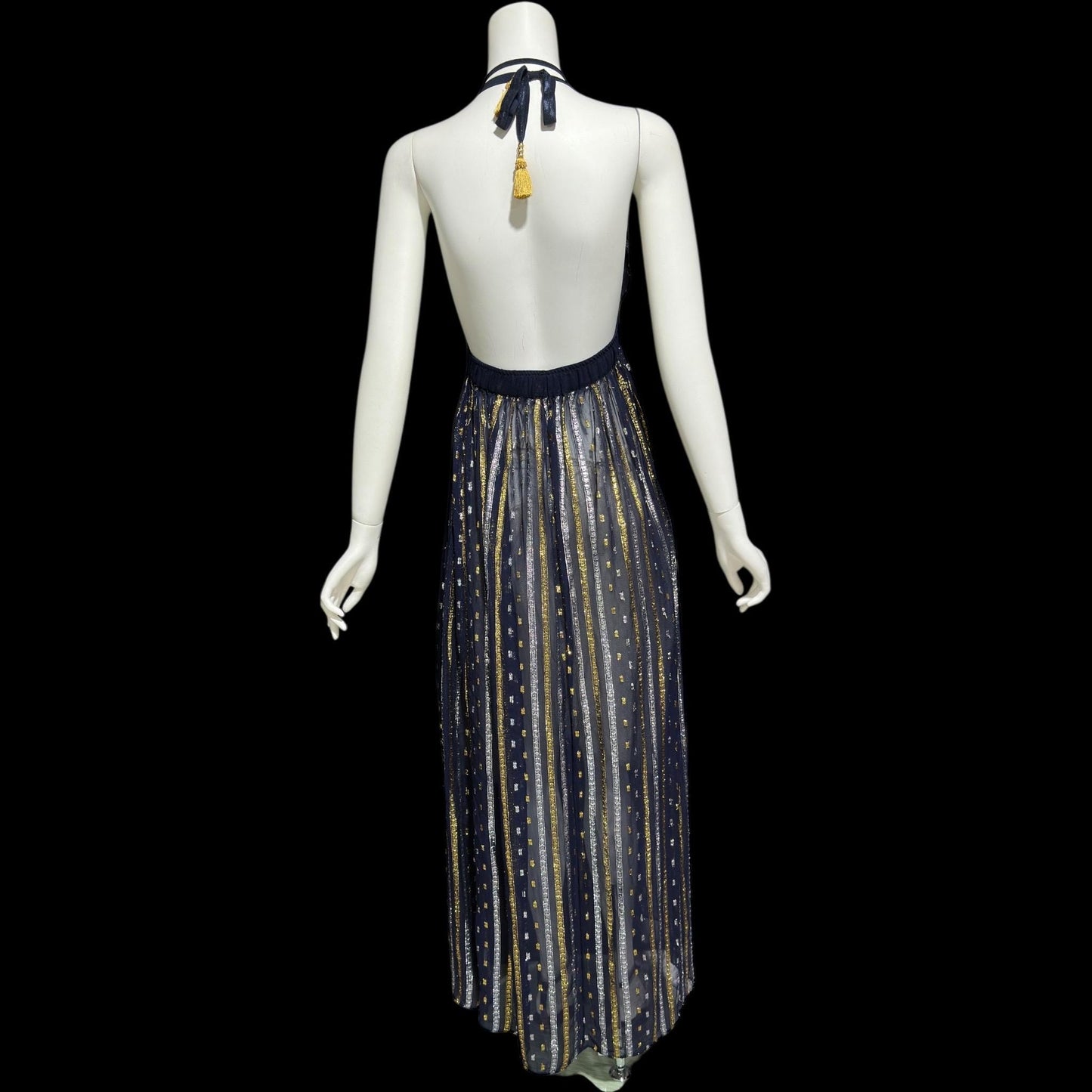 1970s Vintage Disco Diva evening party dress, sheer nylon and metallic halter gown, studio 54 disco