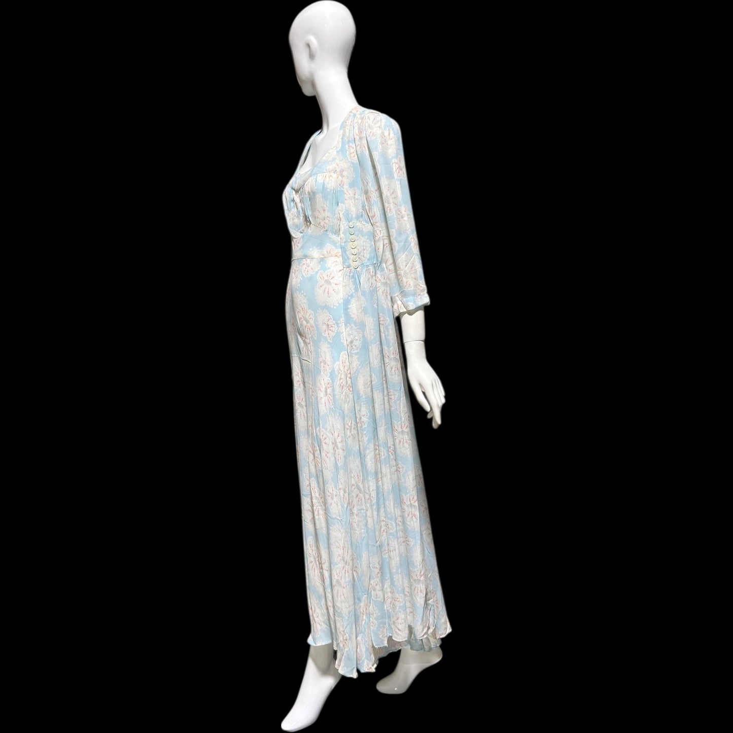 RADCLIFFE vintage nightgown robe set, 1940s FLORAL blue bias cut lingerie slip dress peignoir