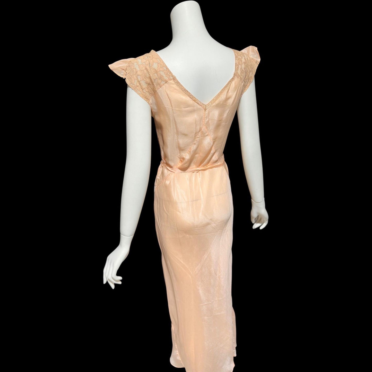 1930s Rayon Slip Dress: Vintage Bias Cut Shiny Peach Nightgown, Lace Trim