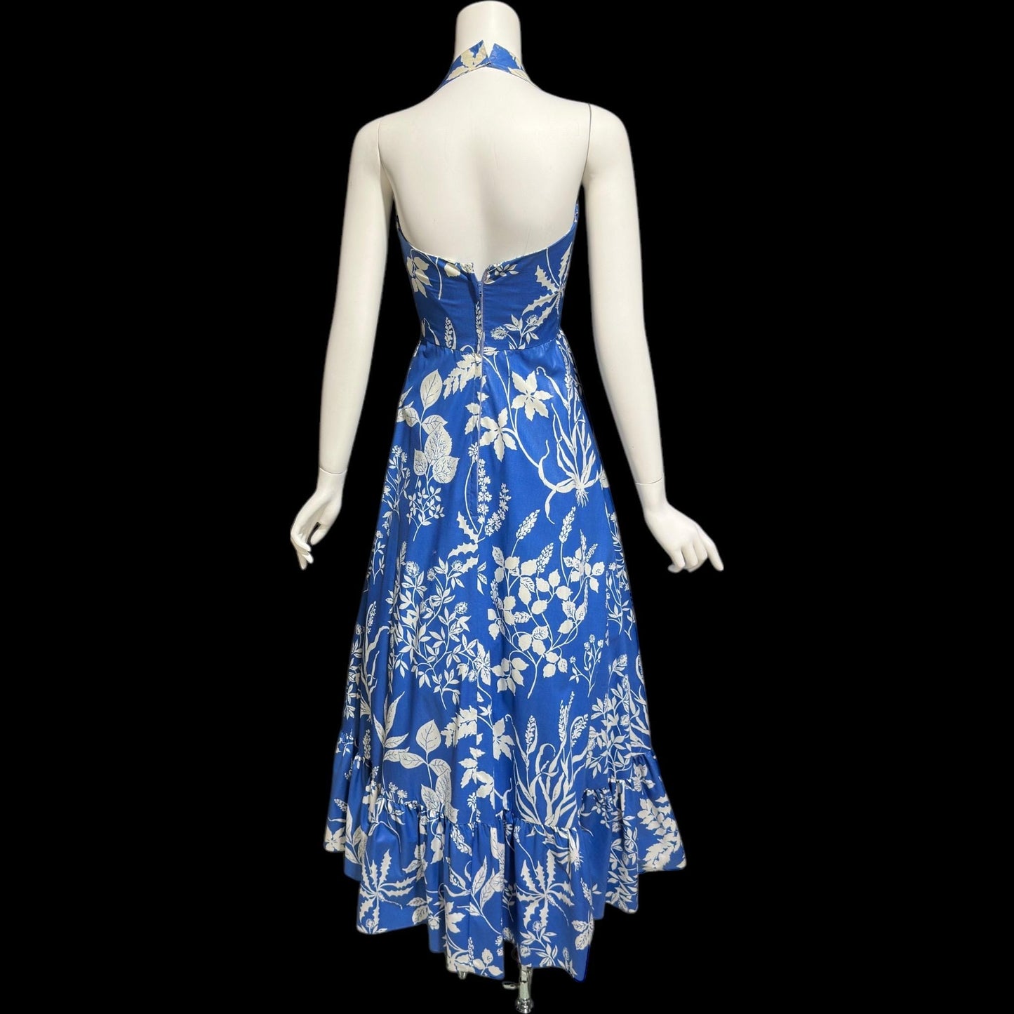 1960s vintage floral maxi dress, Blue white boho hippie halter full ruffle dress, polished cotton summer party sundress