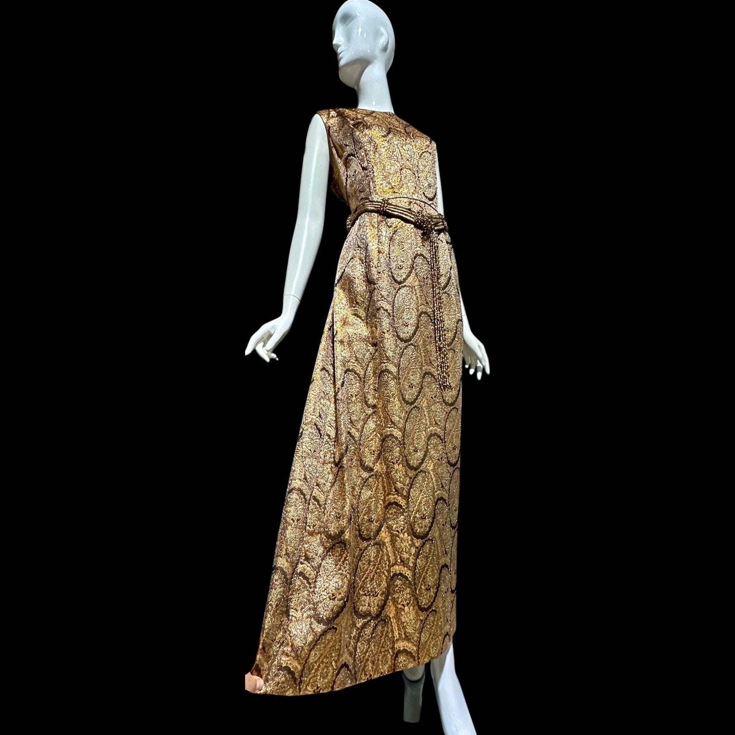 DYNASTY Vintage 1960s evening dress, TRULY SOCIAL metallic copper, gold, bronze and silver paisley gown