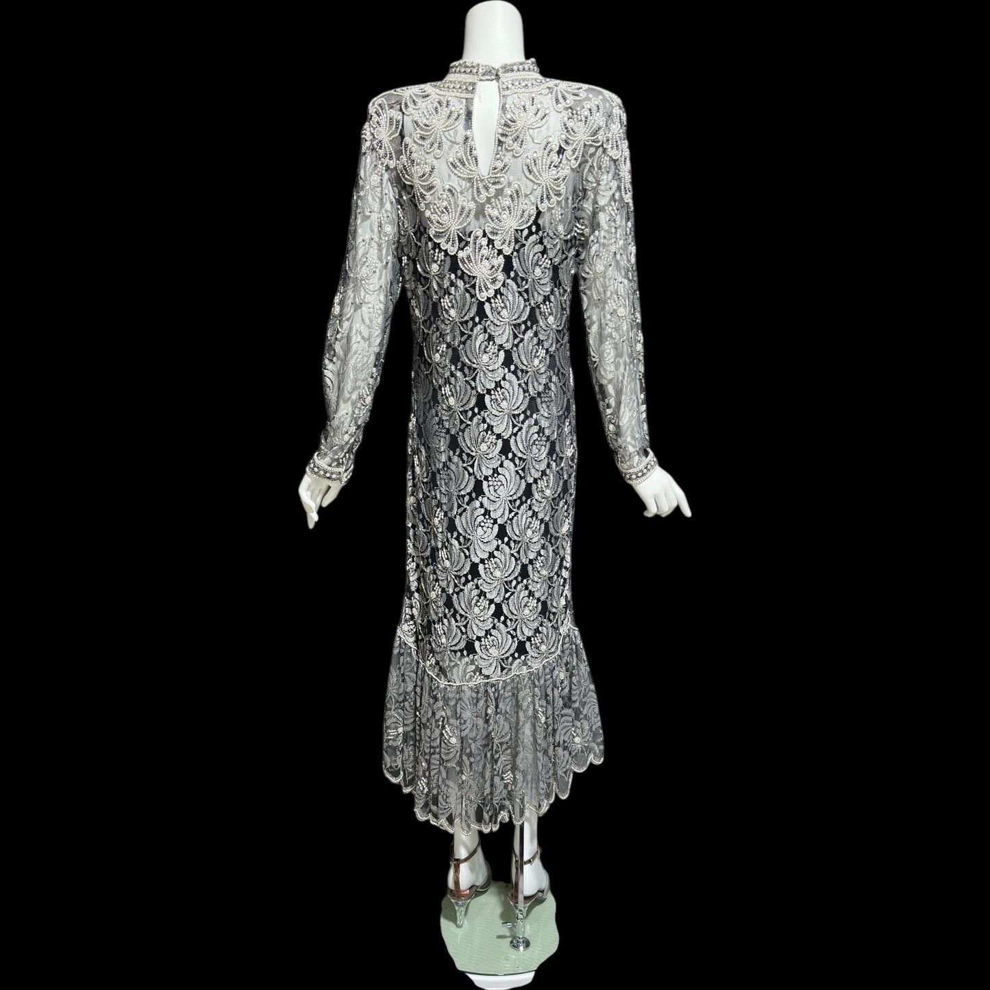 JUDITH ANN, Vintage 1980s sheer beaded dress, Black sheer mesh with beads, Hight neck with ruffle sheath cocktail party dress