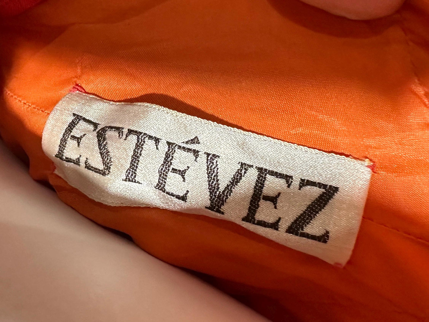 ESTEVEZ Vintage 1970s evening dress gown, Orange One Shoulder Pleated Chiffon full length gown