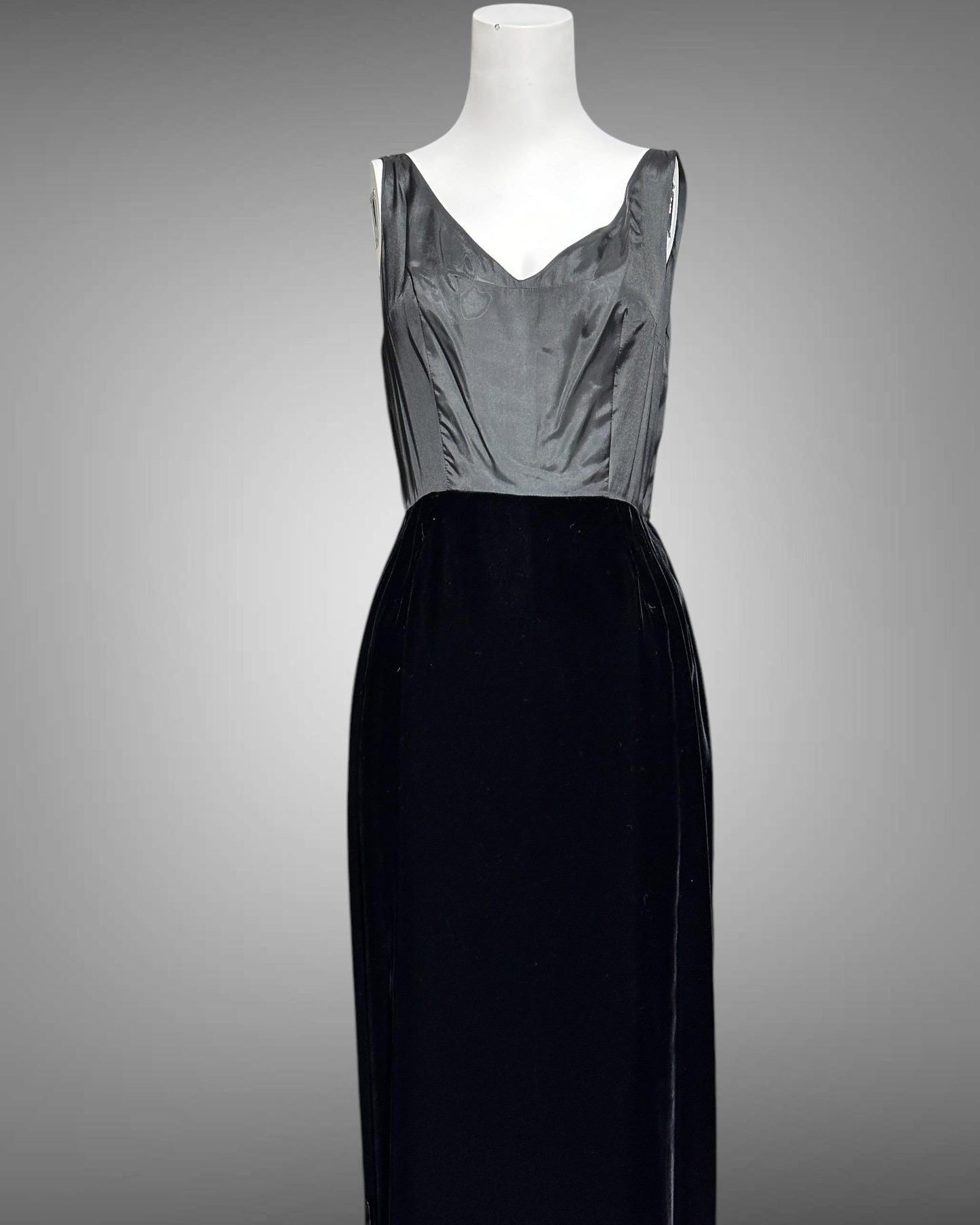 SAKS FIFTH AVE 1960s vintage evening dress, Beaded Black Velvet Green Satin 2 piece long dress