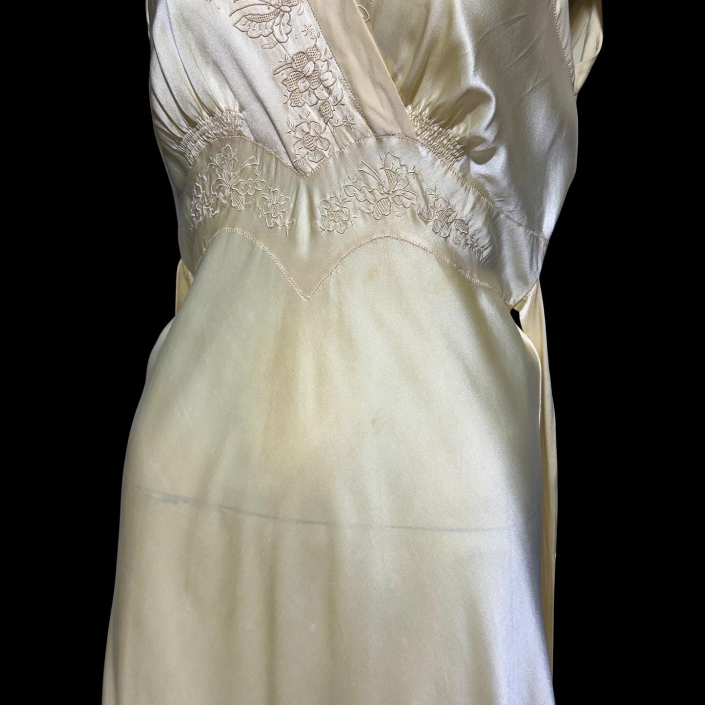 1940s vintage Silk Nightgown slip dress, Butter yellow bias cut embroidered lace slip dress