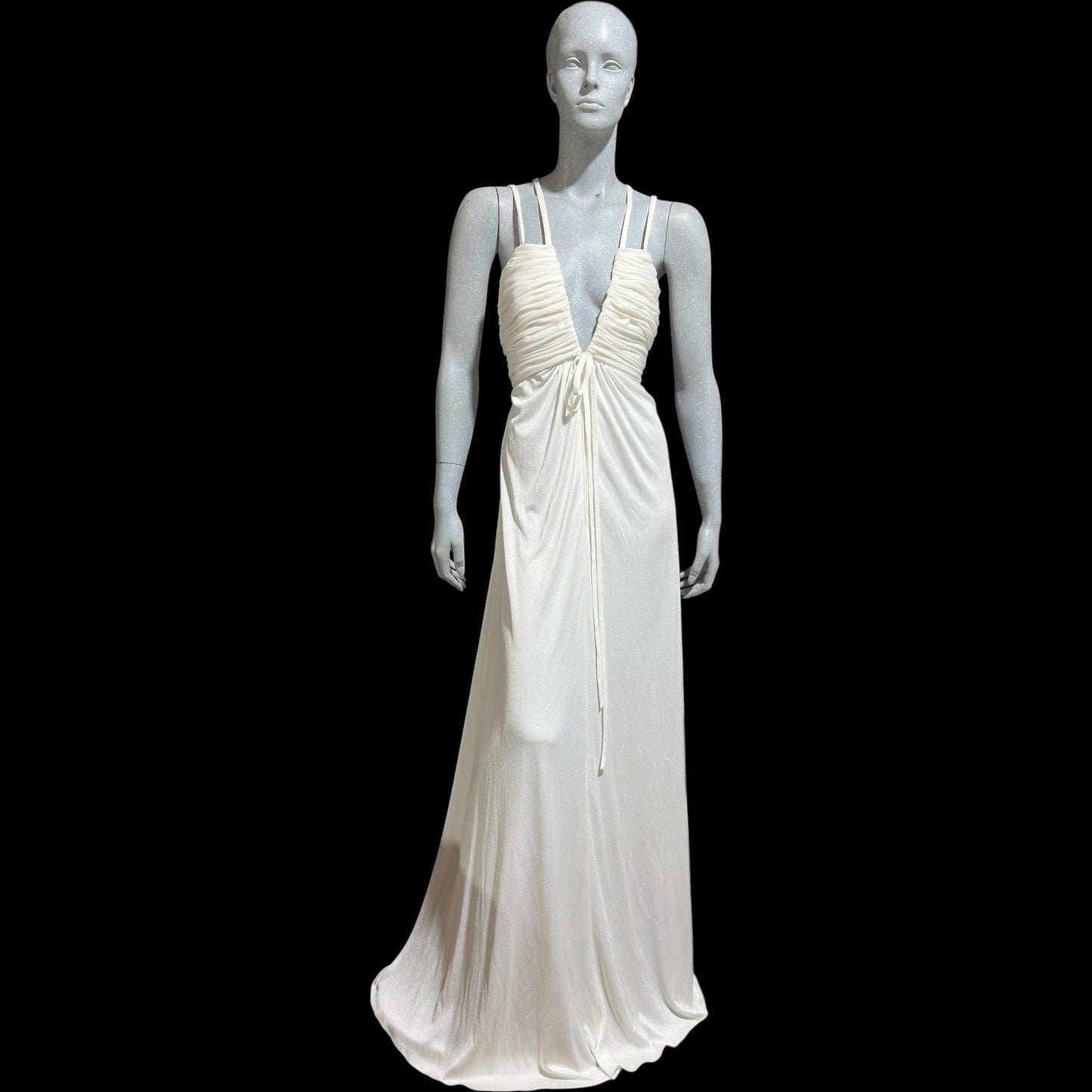 ESTEVEZ Vintage 1970s White Jersey Knit Gown: Grecian Goddess Plunging Neckline Backless