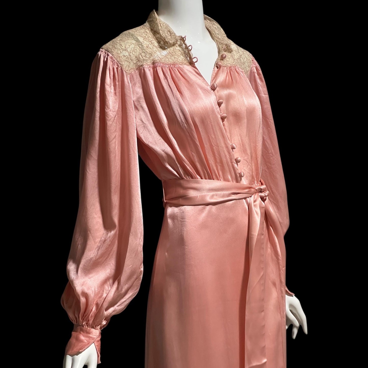 1930s vintage dressing gown robe, Shimmering Peachy pink silk with amazing lace, wrap front house coat loungewear