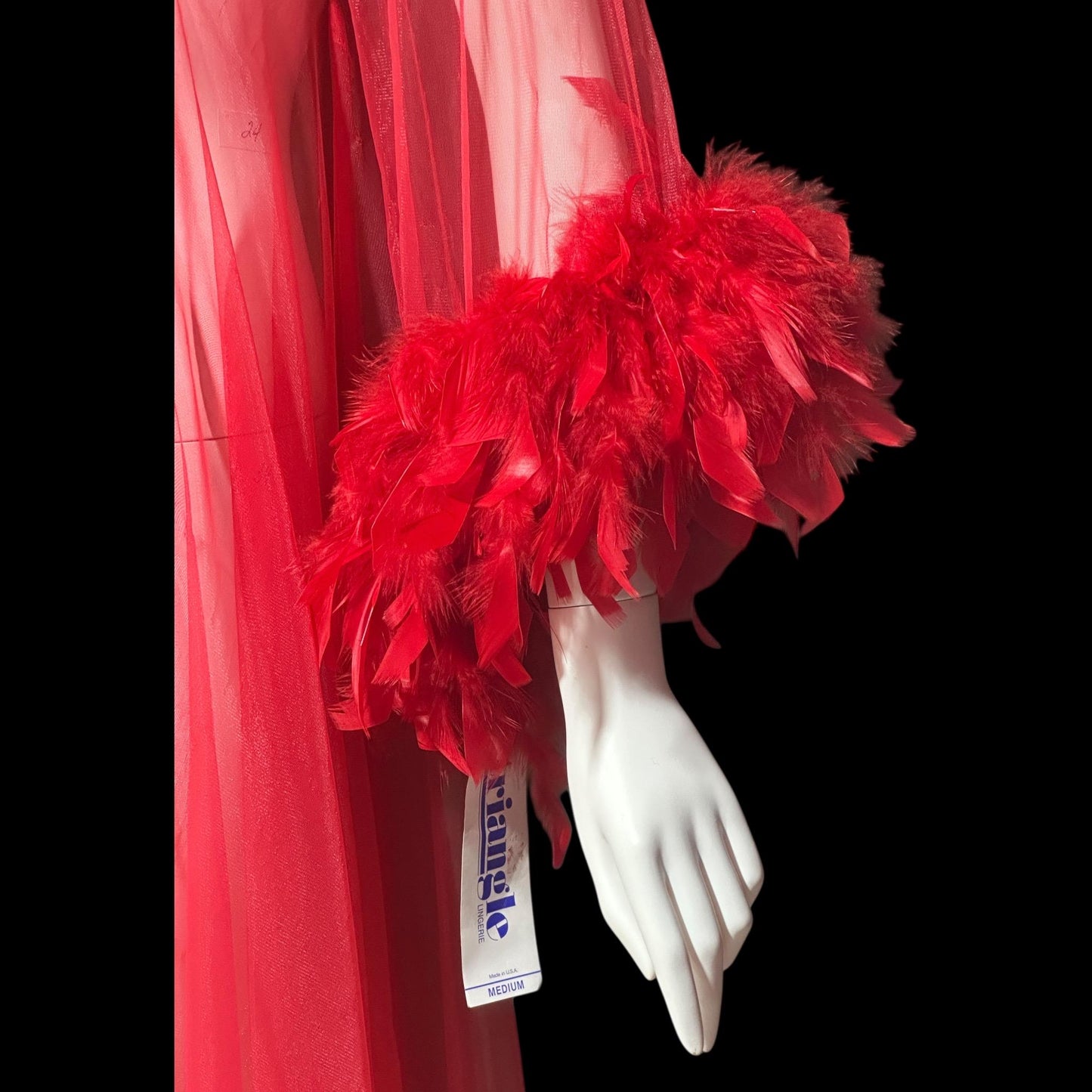 TRIANGLE vintage 1970s dressing gown, sheer bold red chiffon housecoat with feather trim, peignoir house coat