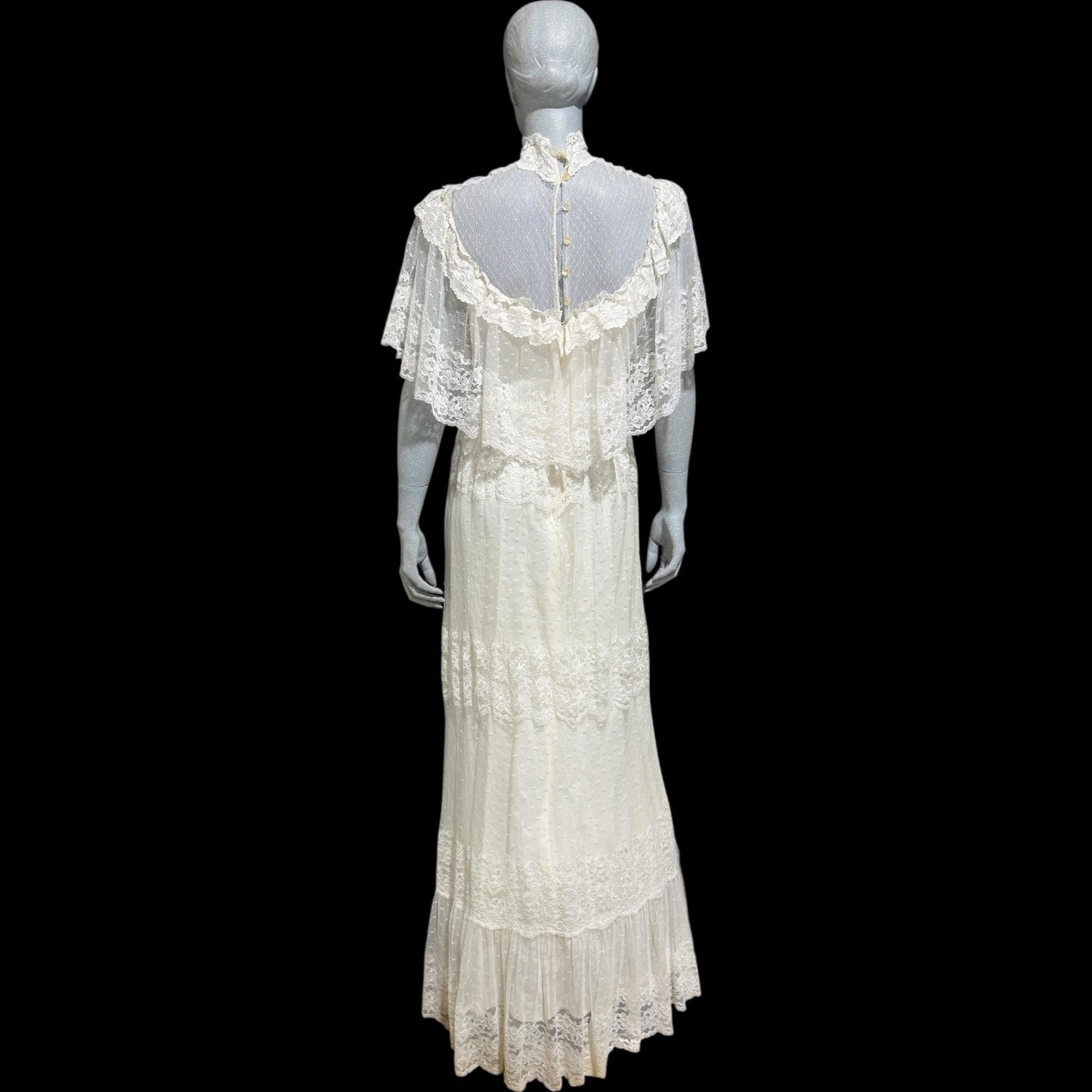 1970s vintage Wedding dress, Gunne Vibes, White lace ruffle collar gown, Victorian Hippie Bohemian dress