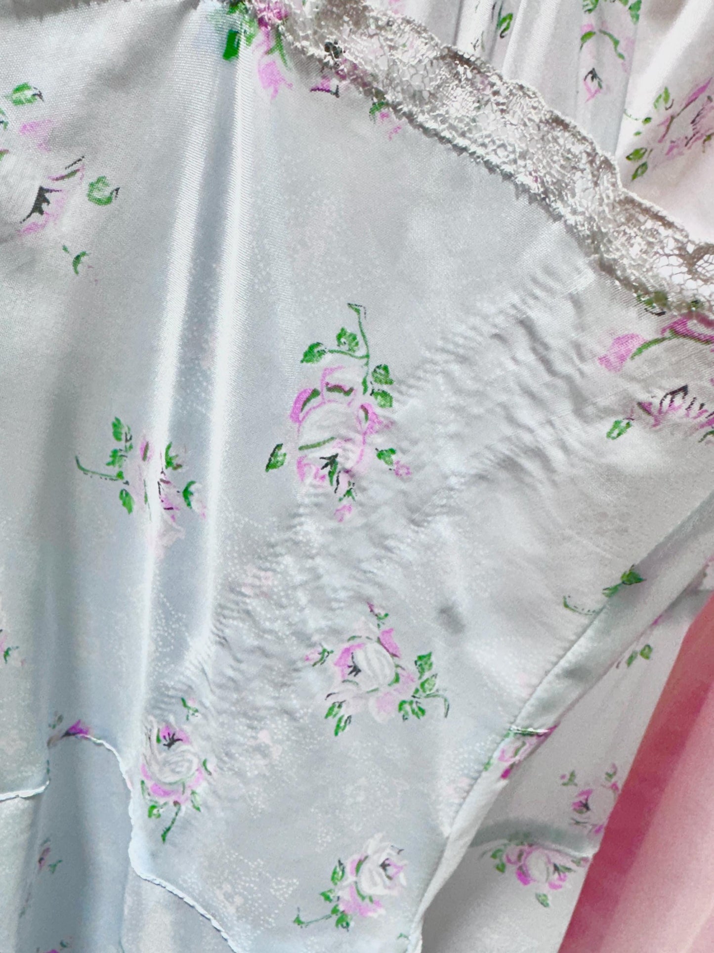ALBERTA vintage 1940s nightgown slip dress, Sheer dusty blue with with pink rosebuds, Old Hollywood full length gown