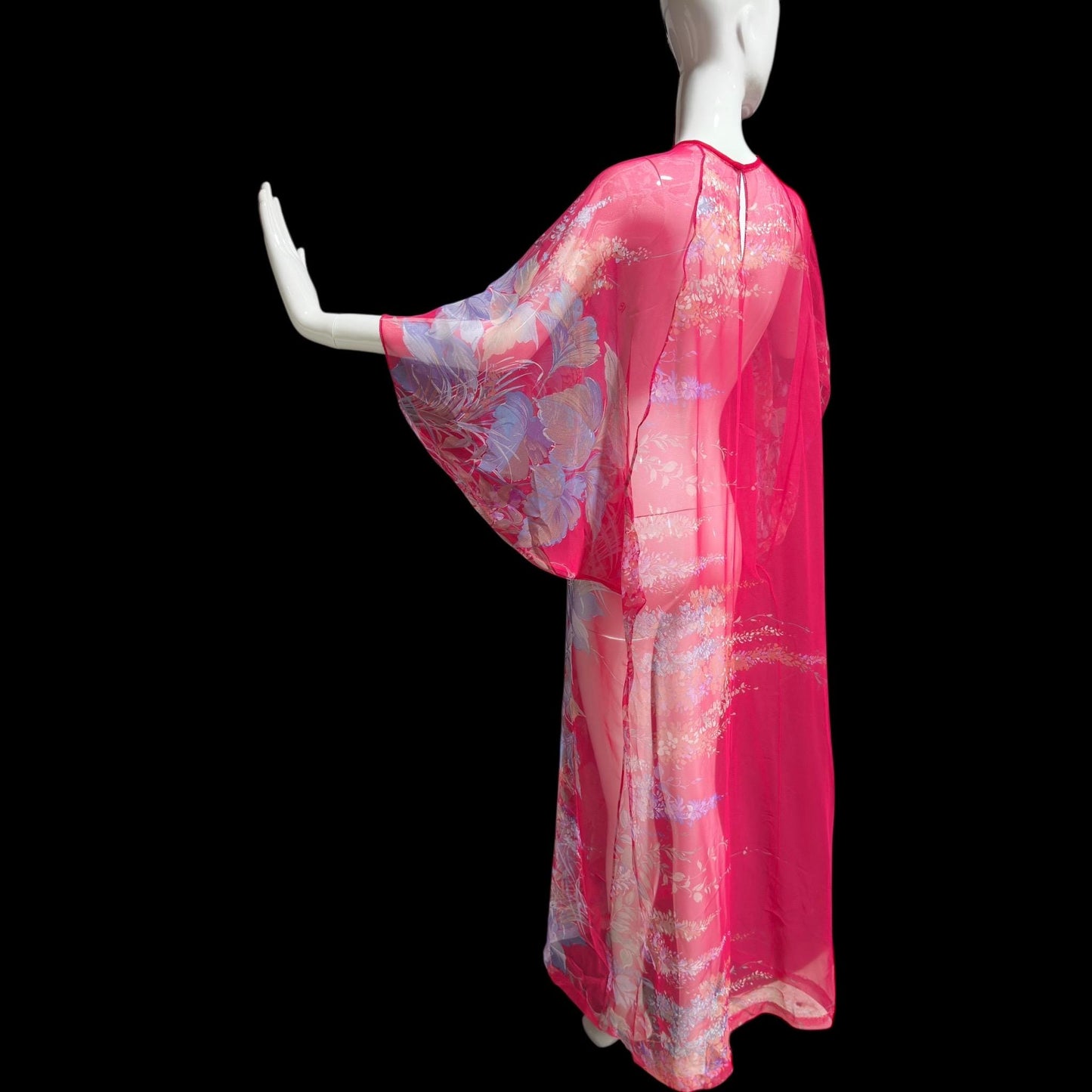 1970s Vintage sheer caftan, Sheer nylon raspberry pink with Hawaiian flowers, loose house dress, hostess gown beach coverup