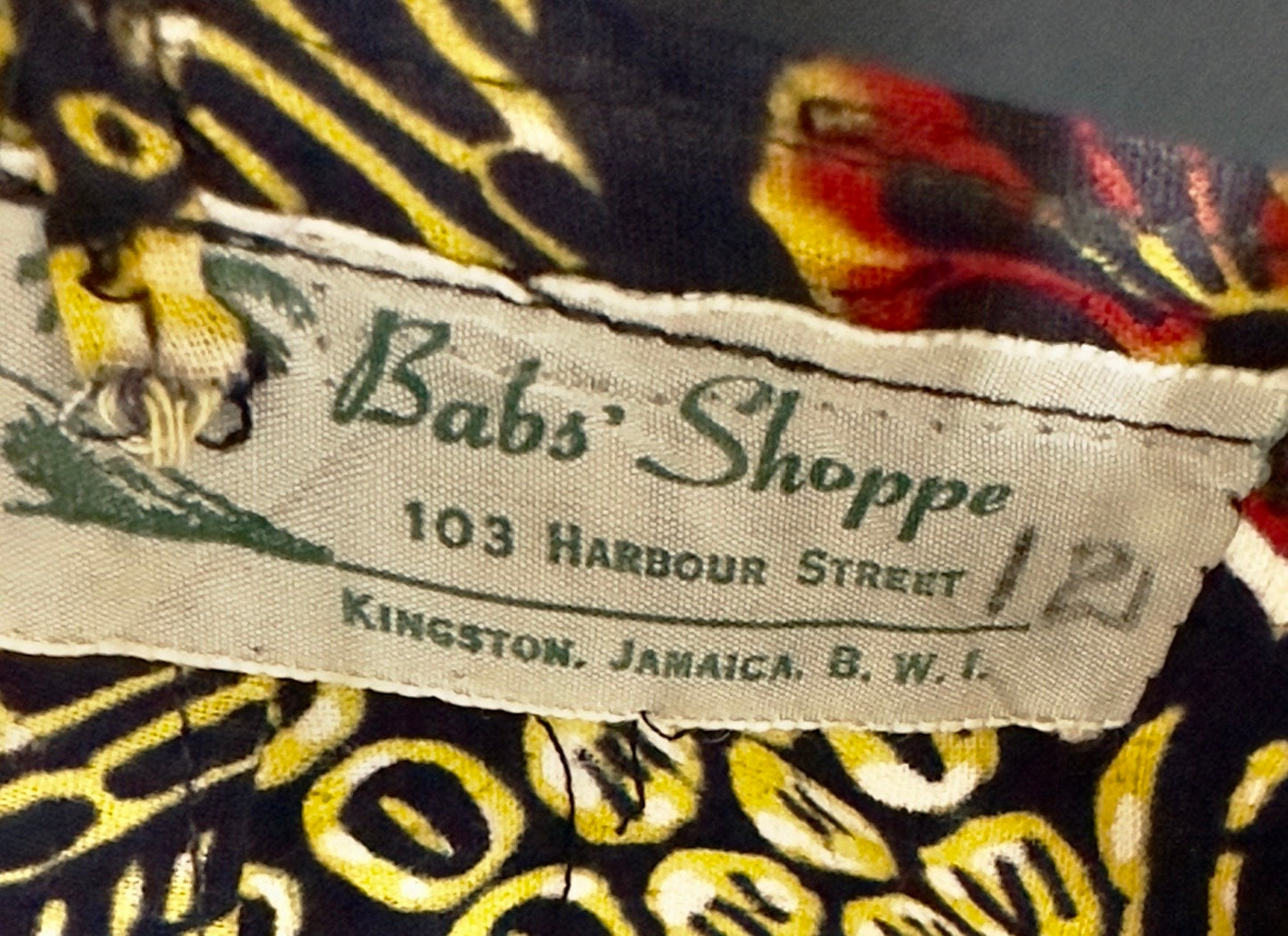 BABS' SHOPPE Kingston Jamaica, vintage 1950s bombshell shelf bust cotton print full circle skirt sundress
