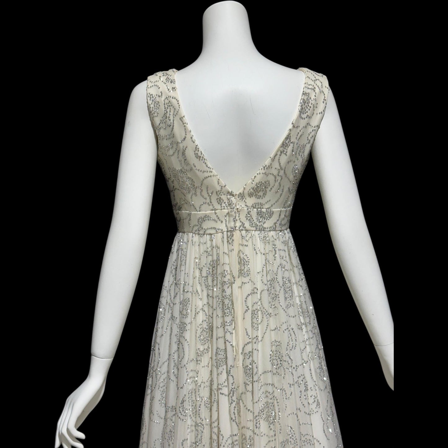 1960s vintage evening dress gown, white chiffon with sparkly silver rose sequins wedding bridal gown