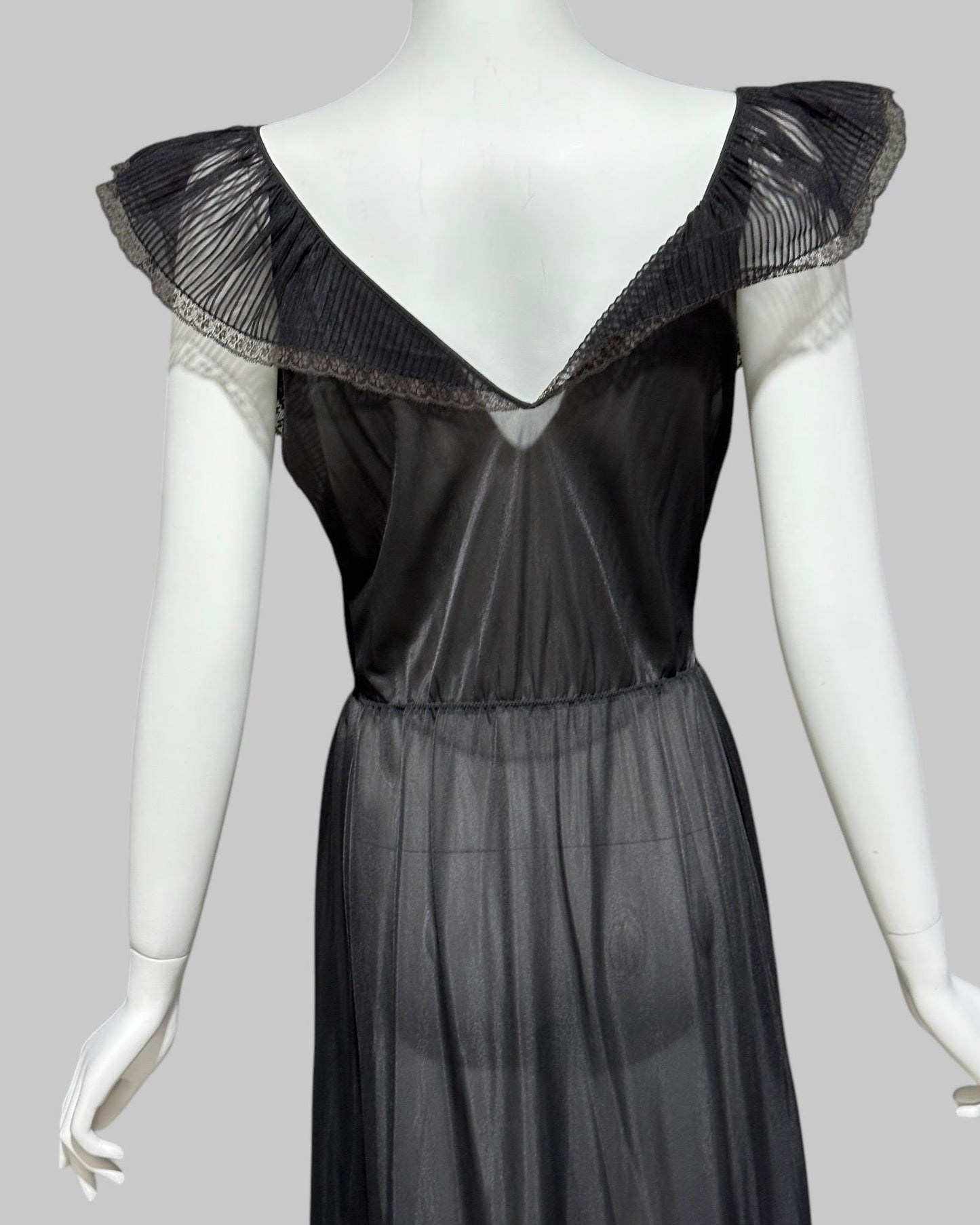 KAYSER vintage 1950s nightgown slip dress, ethereal sheer black chiffon and lace micro pleat gown