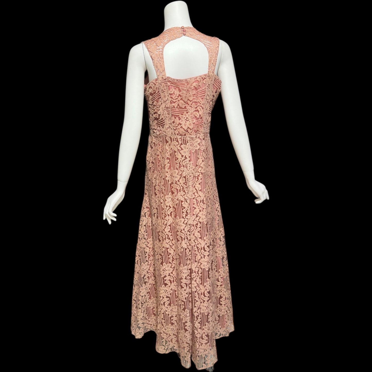1930s vintage evening dress, Dusty pink lace sheath gown, fully lined