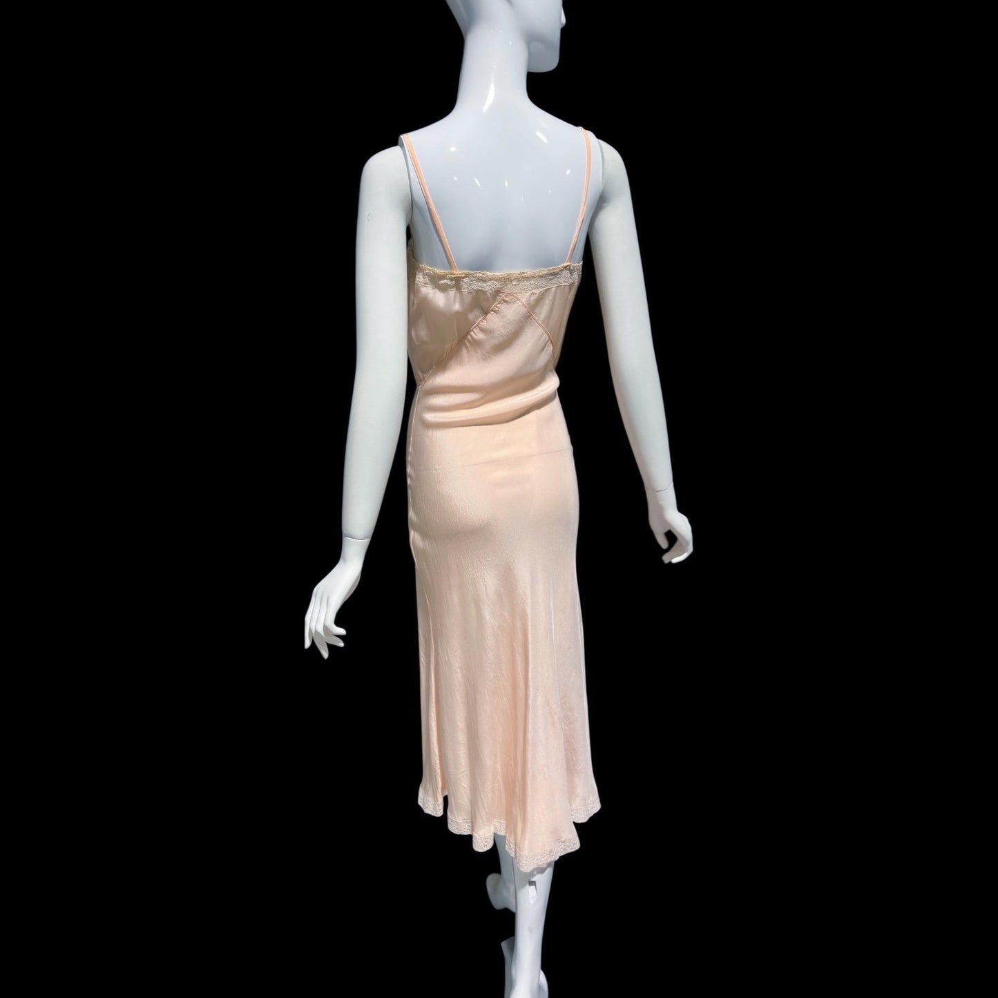 1930s vintage Pale Peachy Pink Rayon Slip Dress: Bias Cut Nightgown, Lace Trim
