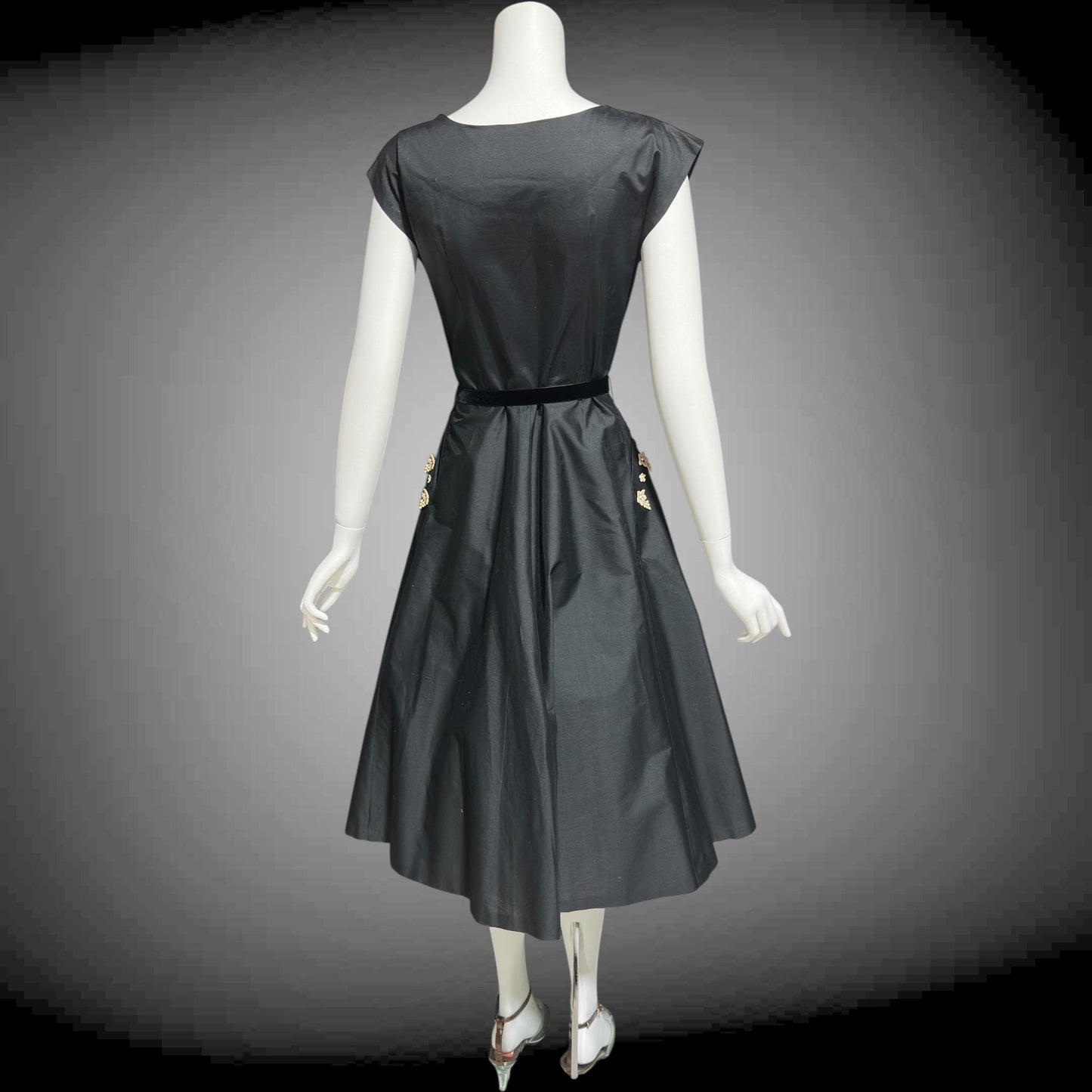 1940s vintage Black polished cotton cocktail party dress, circle skirt fit & flare dress