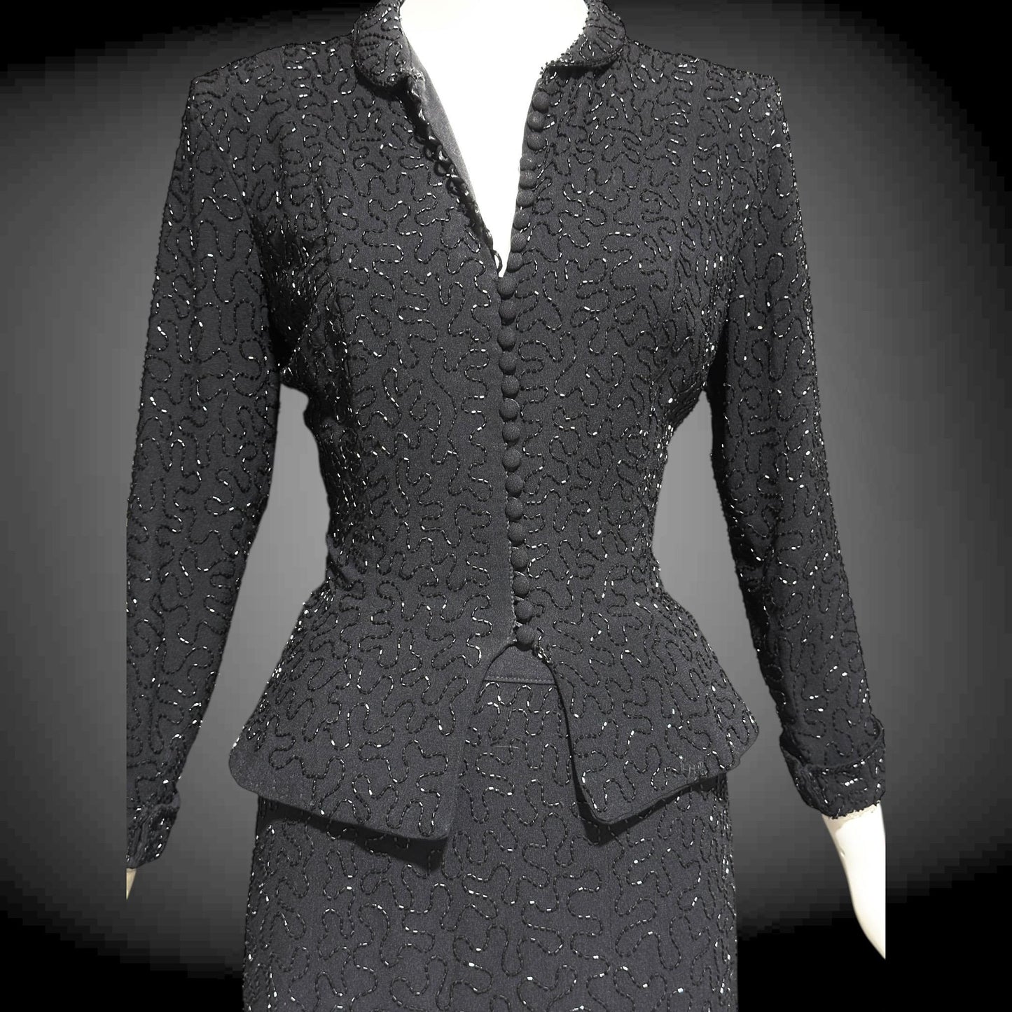 CEIL CHAPMAN vintage 1940s Beaded Evening Suit, Black crepe Cocktail Skirt and Jacket set
