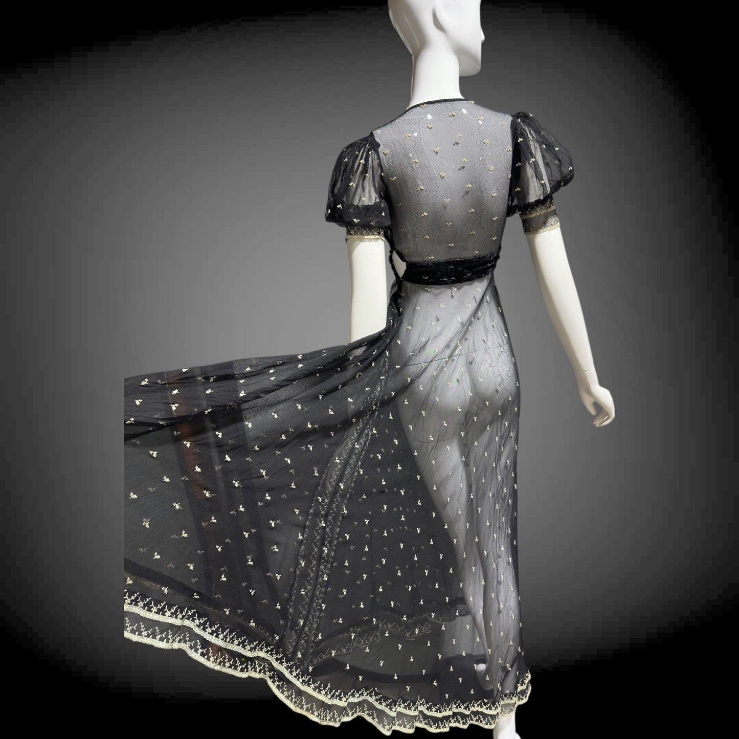 1930s Vintage Sheer Lace Evening Dress: Black embroidered babydoll Dress