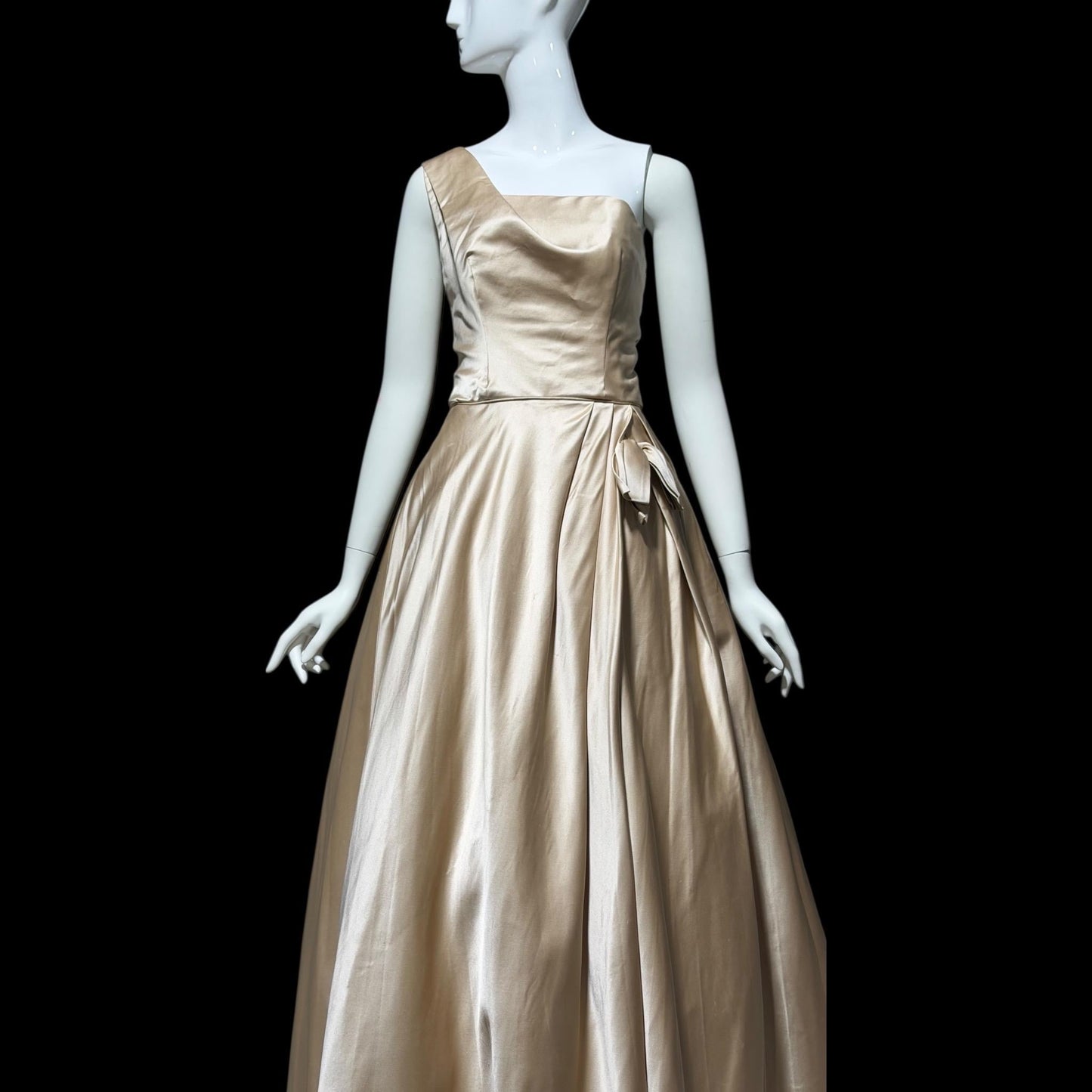 NAN DUSKIN vintage Evening Dress Ball Gown: 1940s Almond Taupe All Silk one shoulder gown