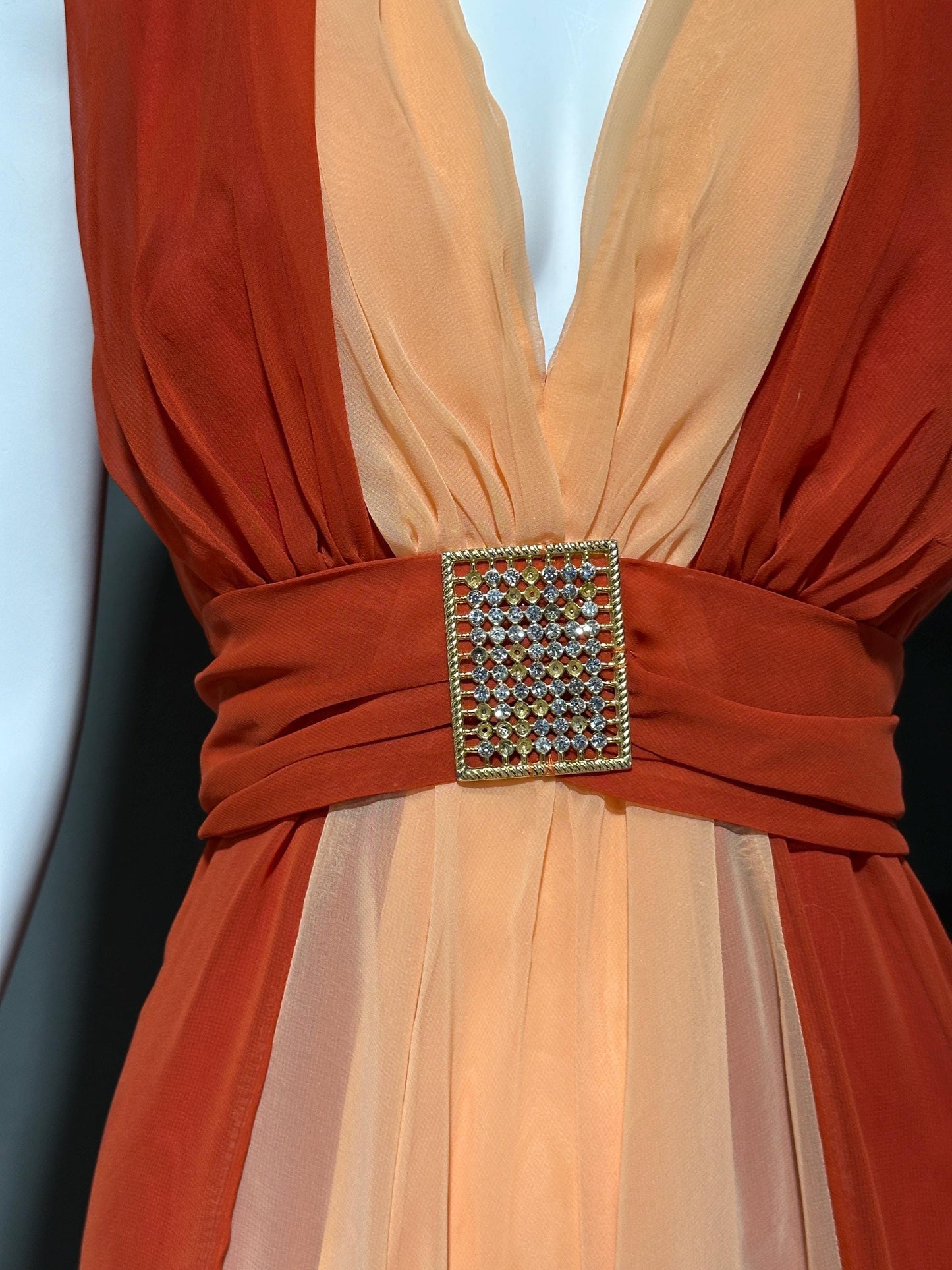 EMMA DOMB, vintage 1970s evening dress, rust and peach chiffon gown