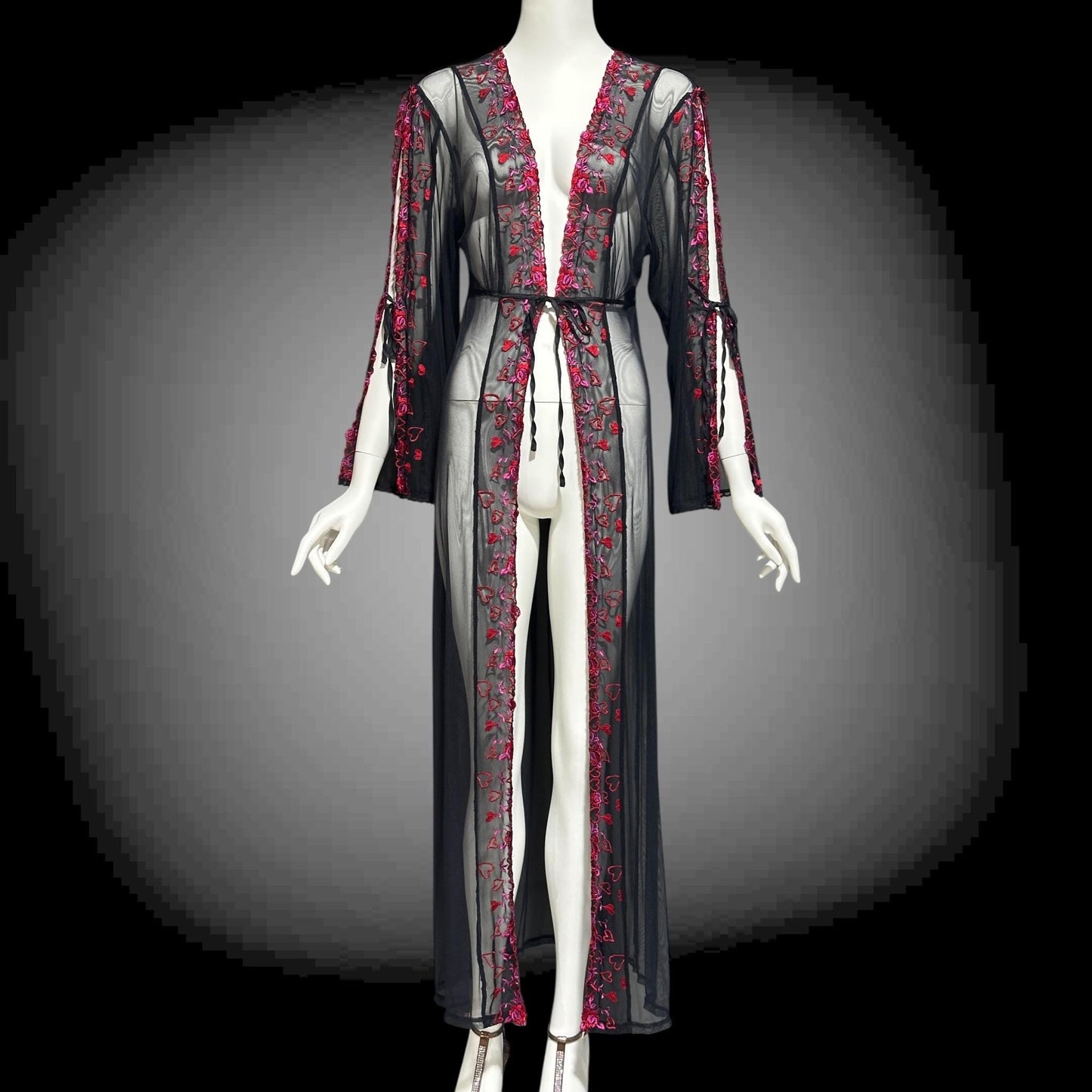 JACALYN BENNETT, Vintage 1990s lace mesh robe, FREDERICK'S of Hollywood, sheer black mesh dressing gown