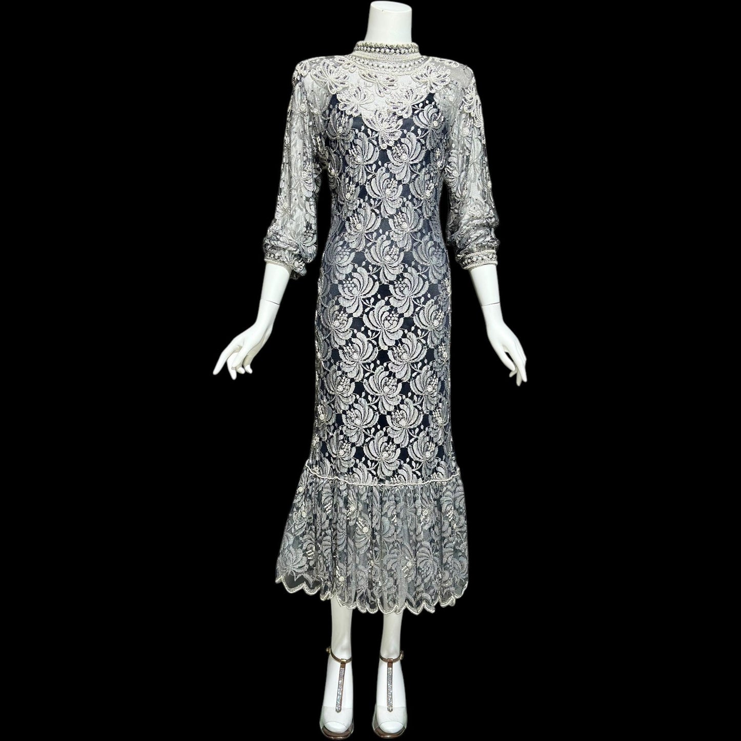 JUDITH ANN, Vintage 1980s sheer beaded dress, Black sheer mesh with beads, Hight neck with ruffle sheath cocktail party dress