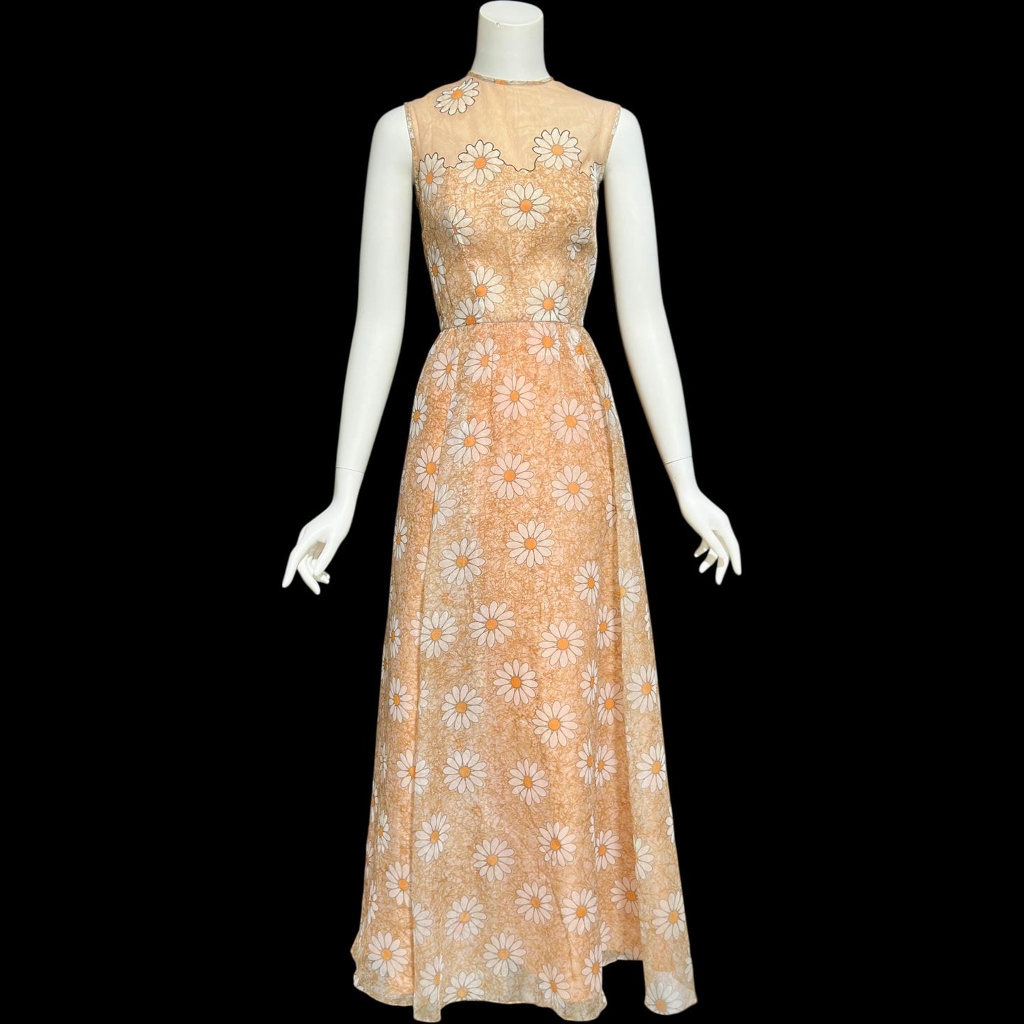 LILLI DIAMOND vintage 1960s evening dress gown, Daisy floral voile maxi dress, illusion neckline