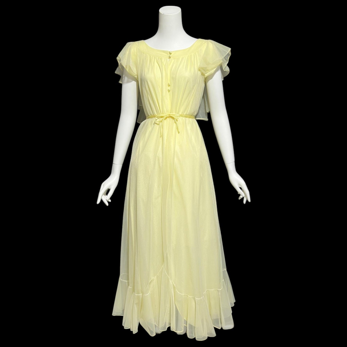 LUCIE ANN Claire Sandra, 1960s Marshall Field daffodil yellow full sweep ruffled nightgown, grecian wrap slip dress