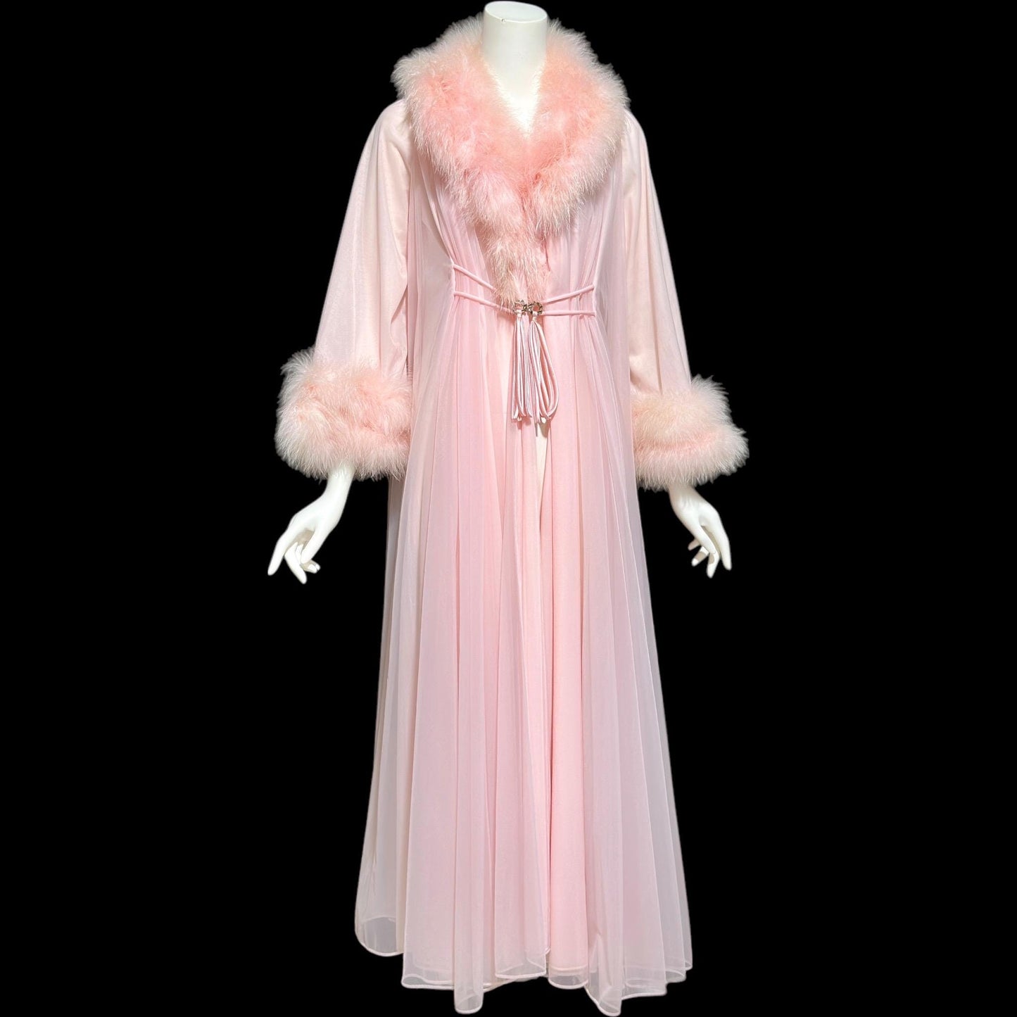 LUCIE ANN Claire Sandra dressing gown robe, vintage 1960s frothy pink full sweep marabou gown