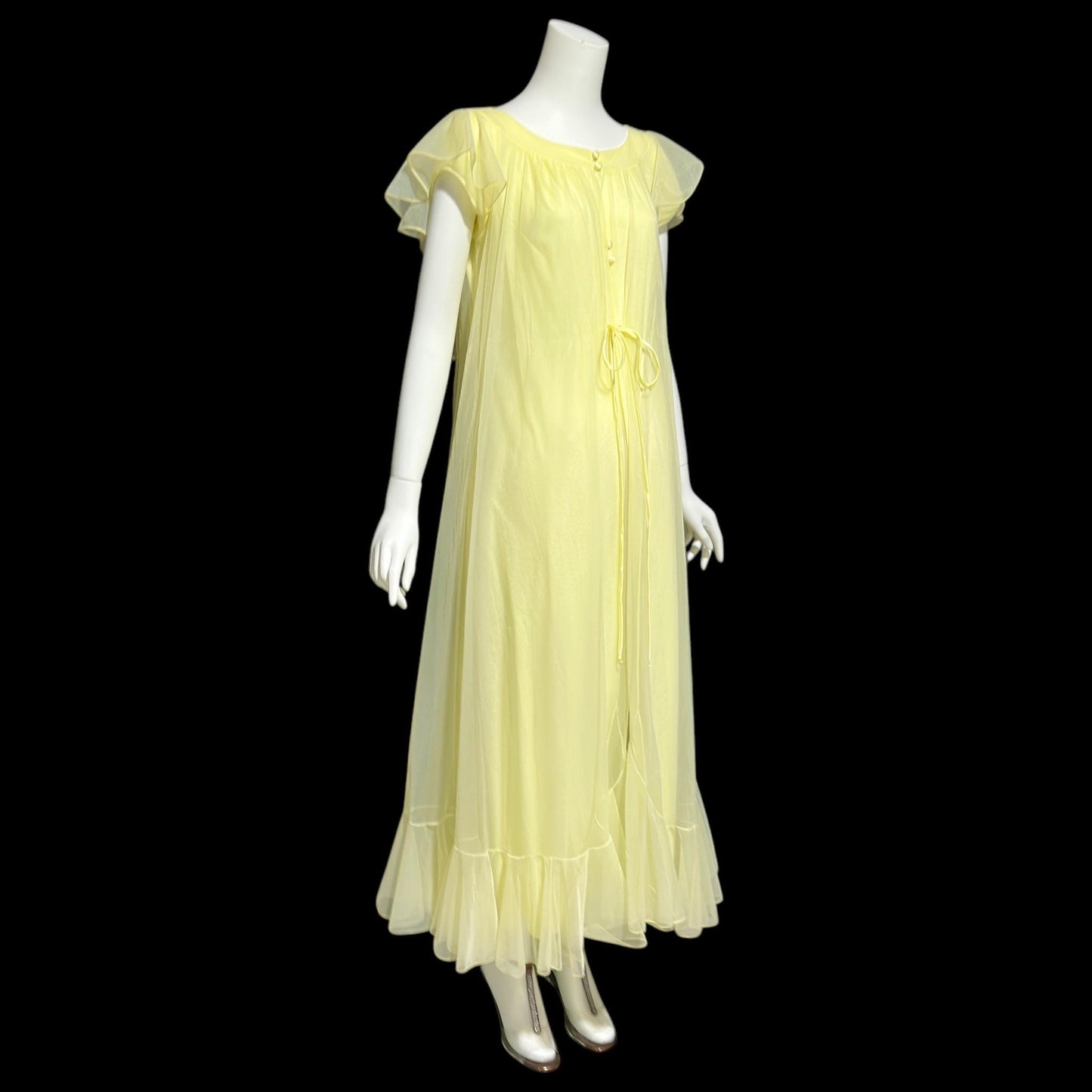 LUCIE ANN Claire Sandra, 1960s Marshall Field daffodil yellow full sweep ruffled nightgown, grecian wrap slip dress
