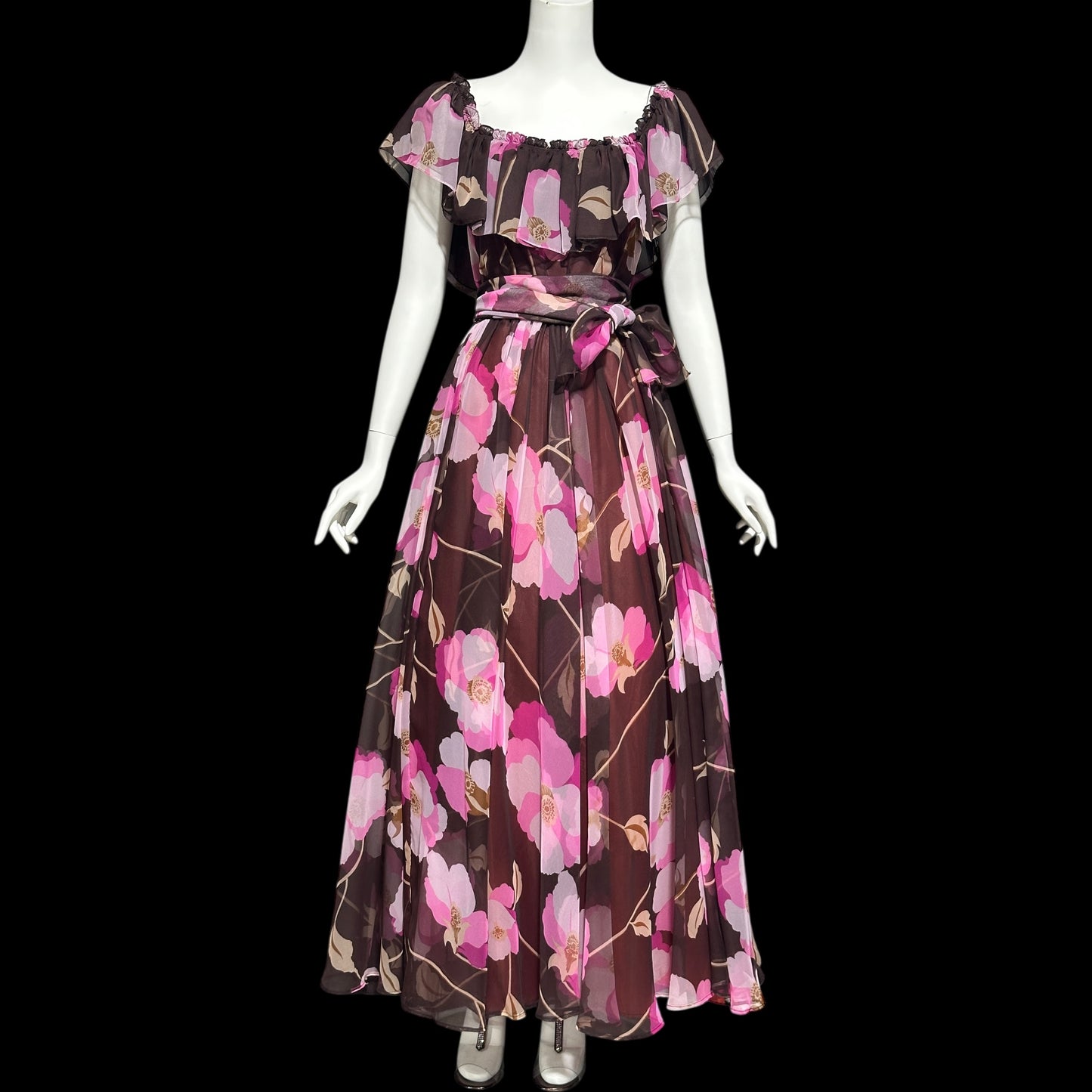 MIGNON New York, vintage 1970s floral Chiffon Maxi Dress, Chocolate Brown Hot Pink evening gown