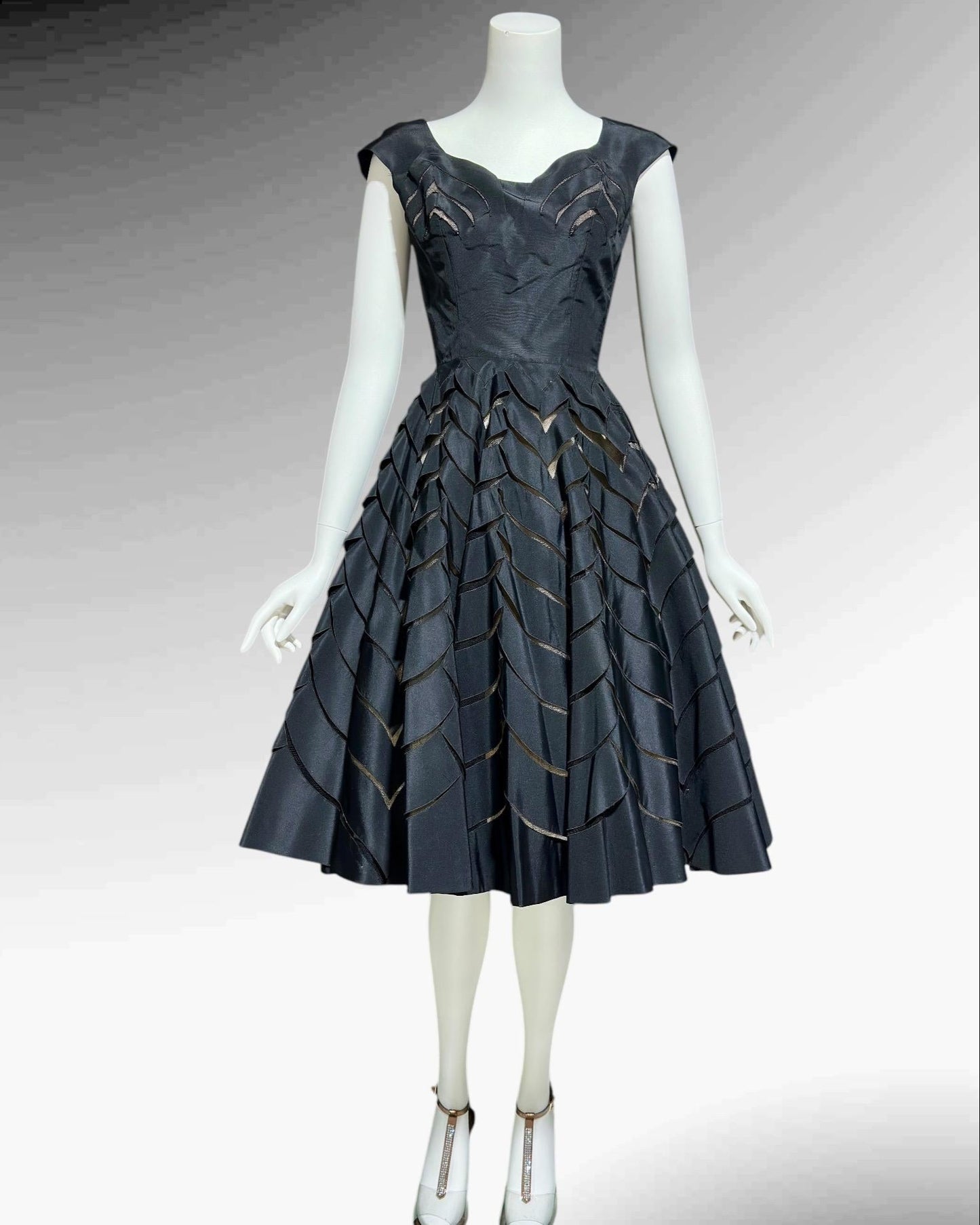 OLDRIC ROYCE, vintage 1950s dress, black cutout fit and flare cocktail party evening dress