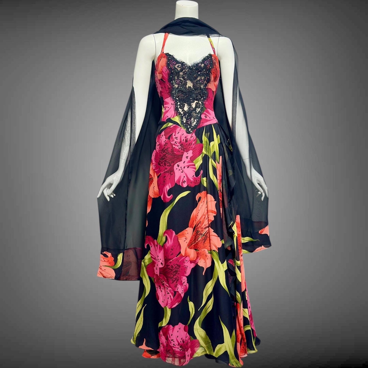 ROSE TAFT vintage 1990s evening dress gown, all silk pink and orange tiger lily floral chiffon halter gown